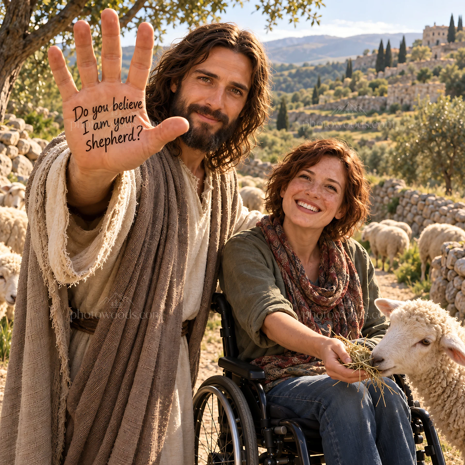 Jesus Christ comforting a woman in a wheelchair with sheep - AI-generated stock image