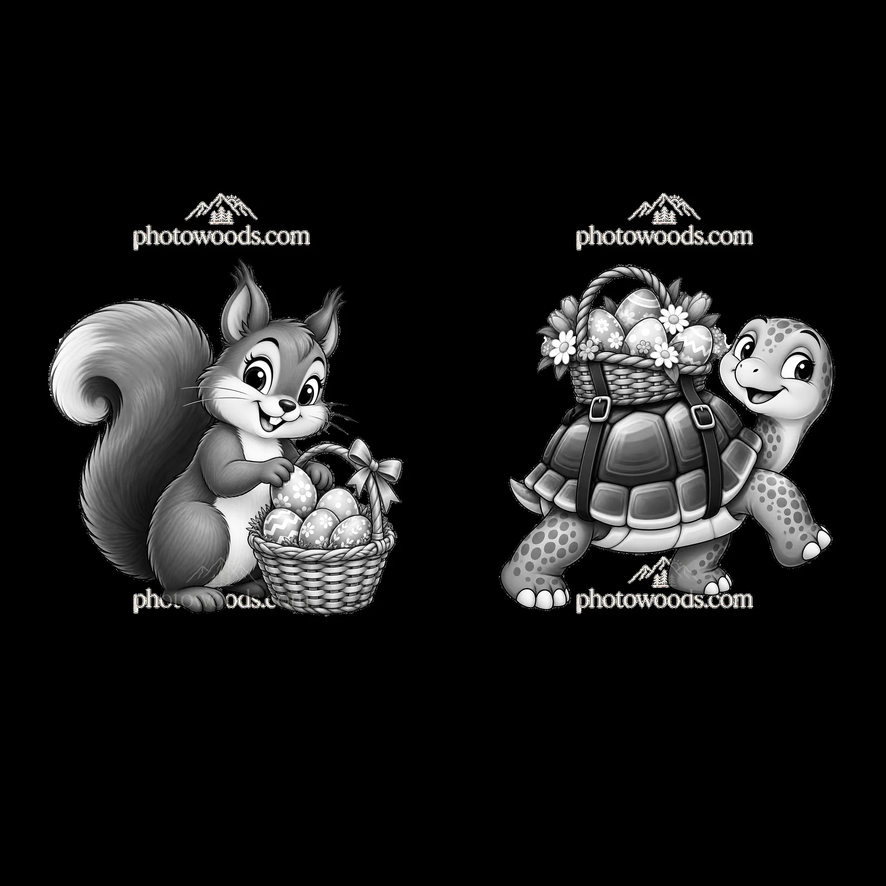 Squirrel and turtle with Easter basket and decorated eggs - AI-generated stock image
