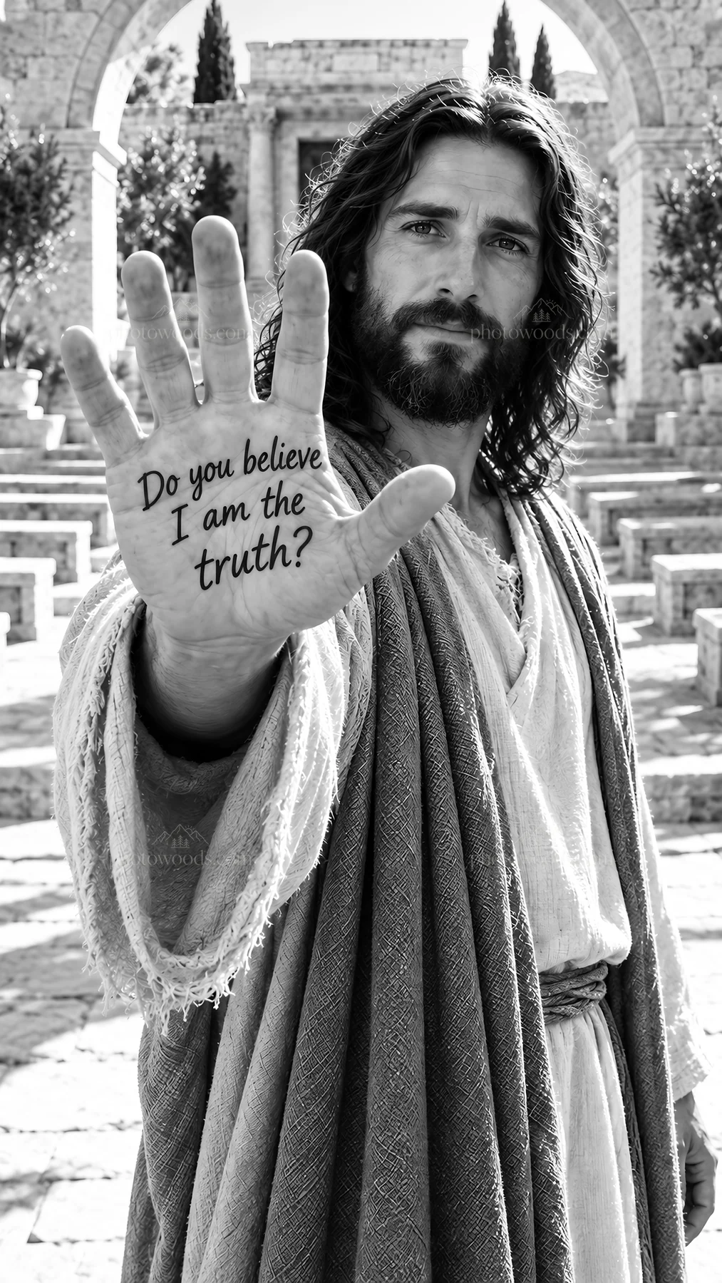 Jesus Christ with hand raised asking for belief in the truth - AI-generated stock image