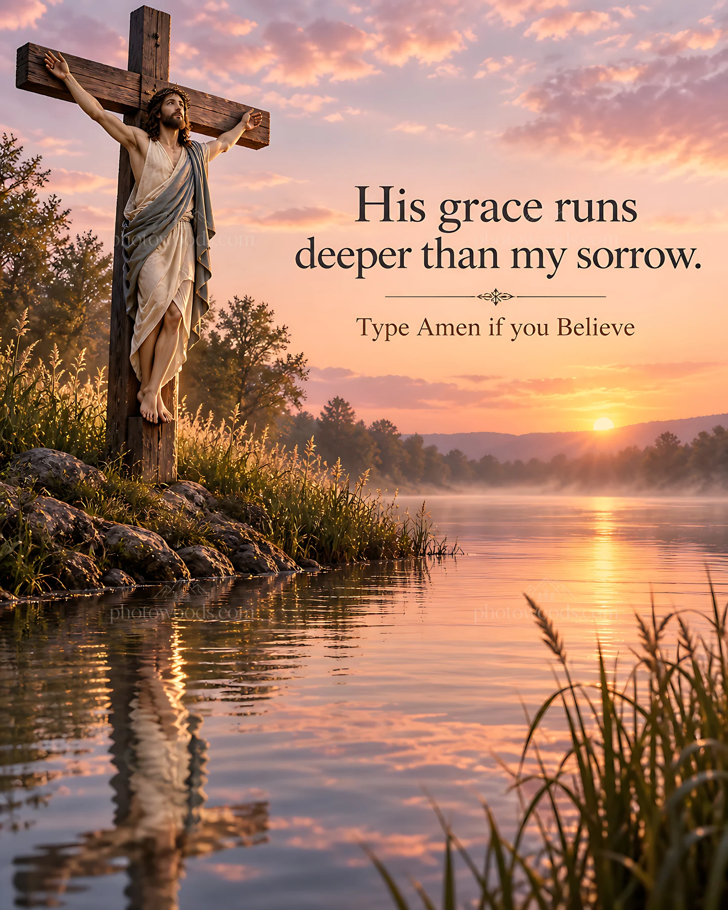 Love by the River at sunset near a wooden cross - AI-generated stock image
