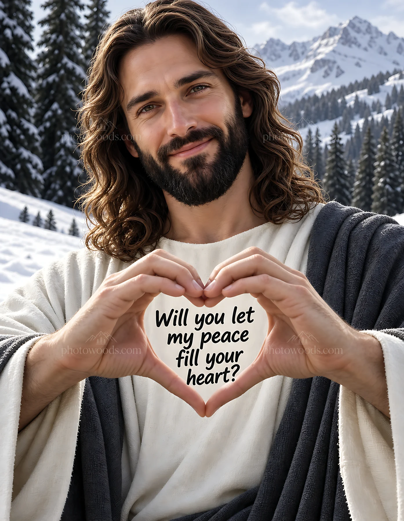Peace by the Snowfield message about love and warmth - AI-generated stock image