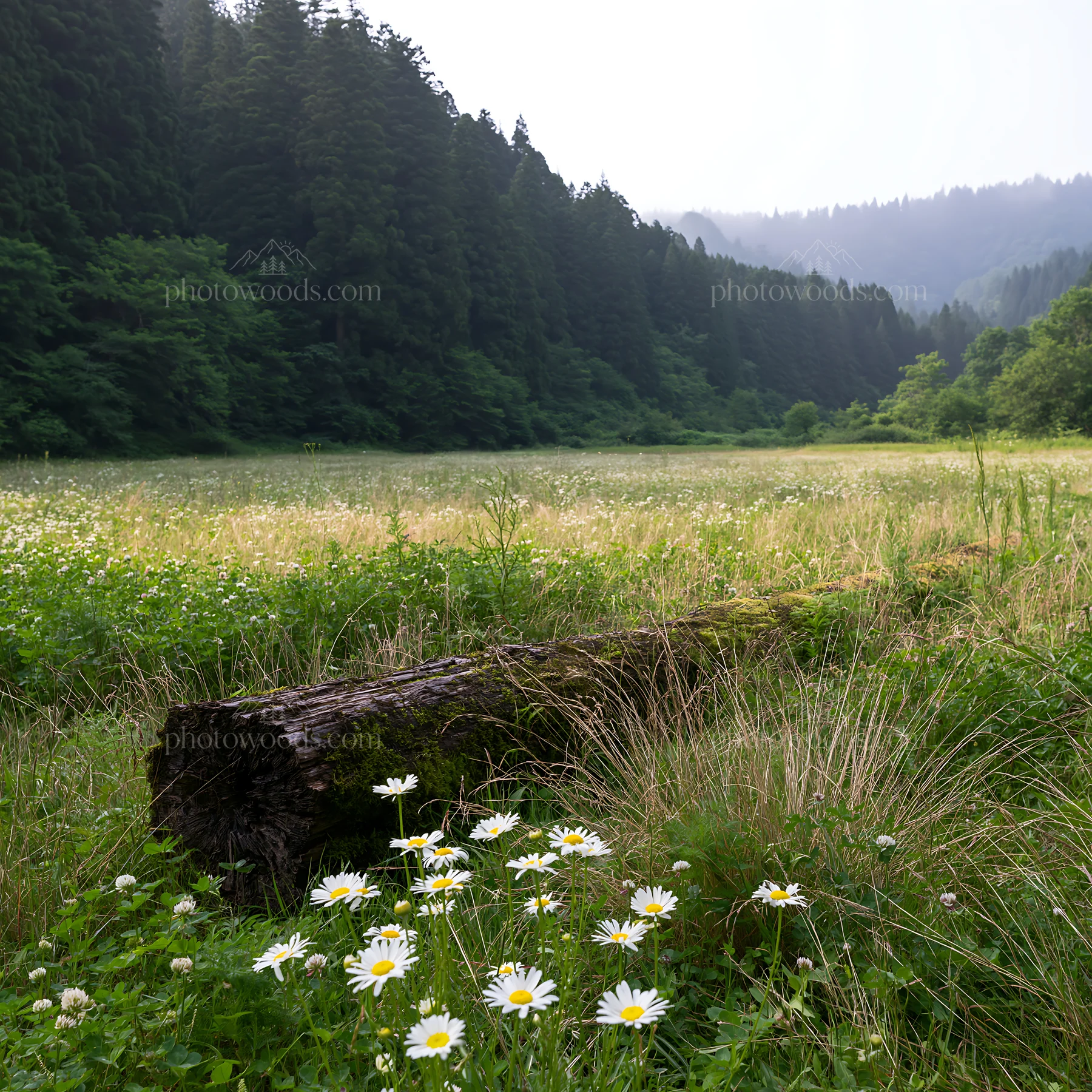 Gifu low carbon meadow with mossy log and wildflowers - AI-generated stock image