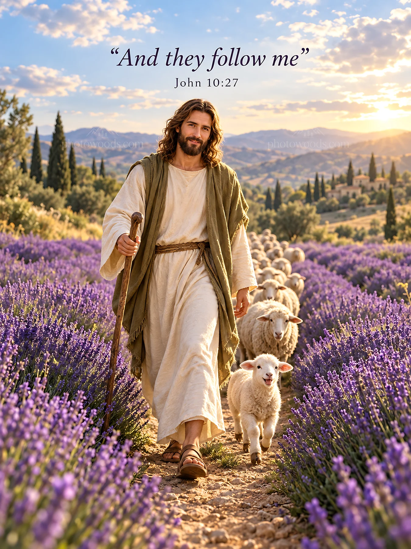 Jesus Christ leads sheep through a lavender field - AI-generated stock image