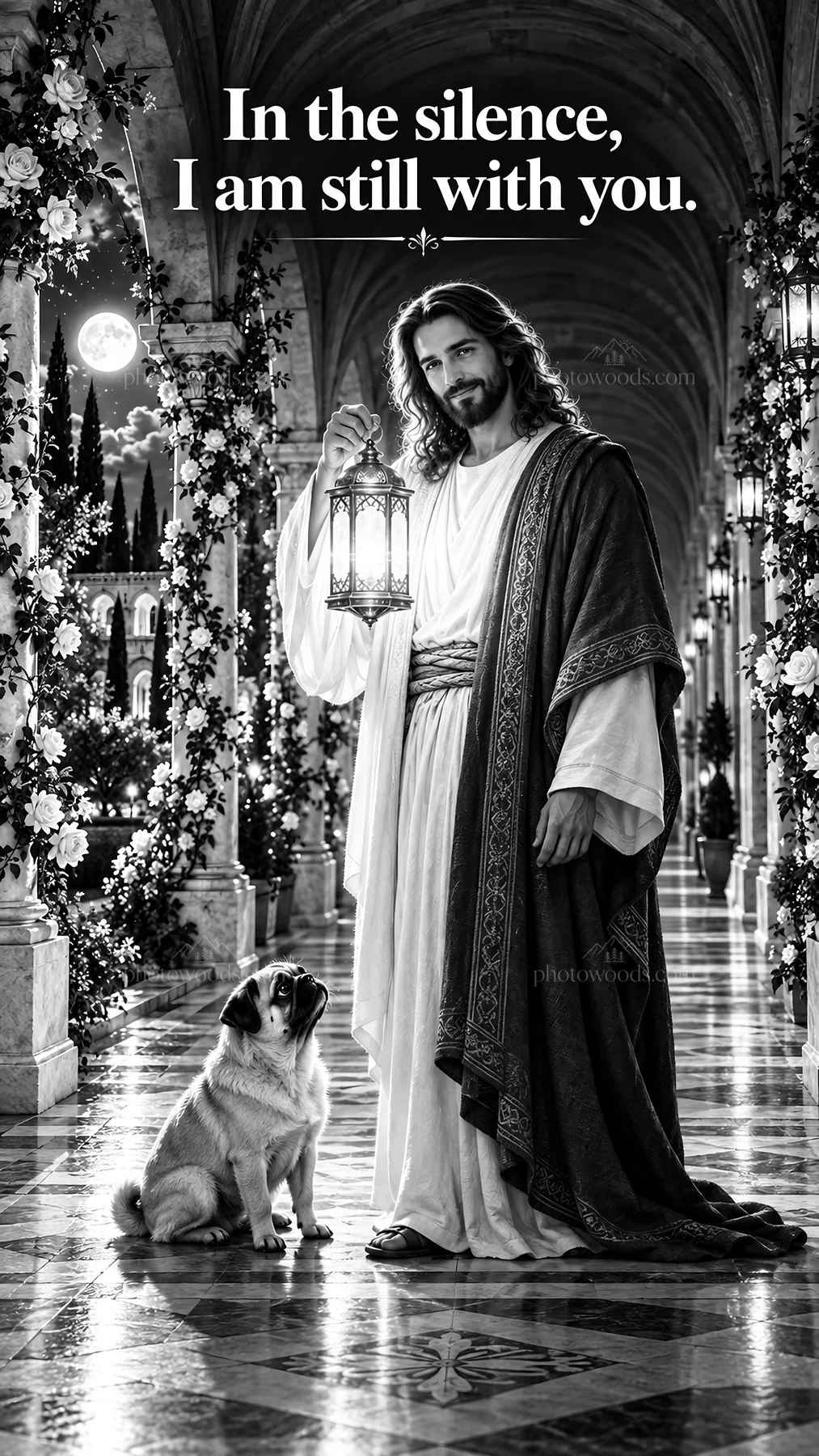 Jesus Christ holding a lantern in a garden setting - AI-generated stock image