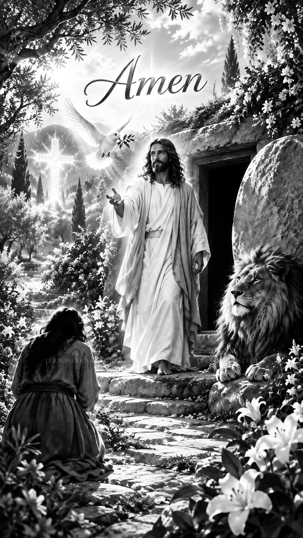 Jesus Christ comforting a kneeling person in a garden scene - AI-generated stock image
