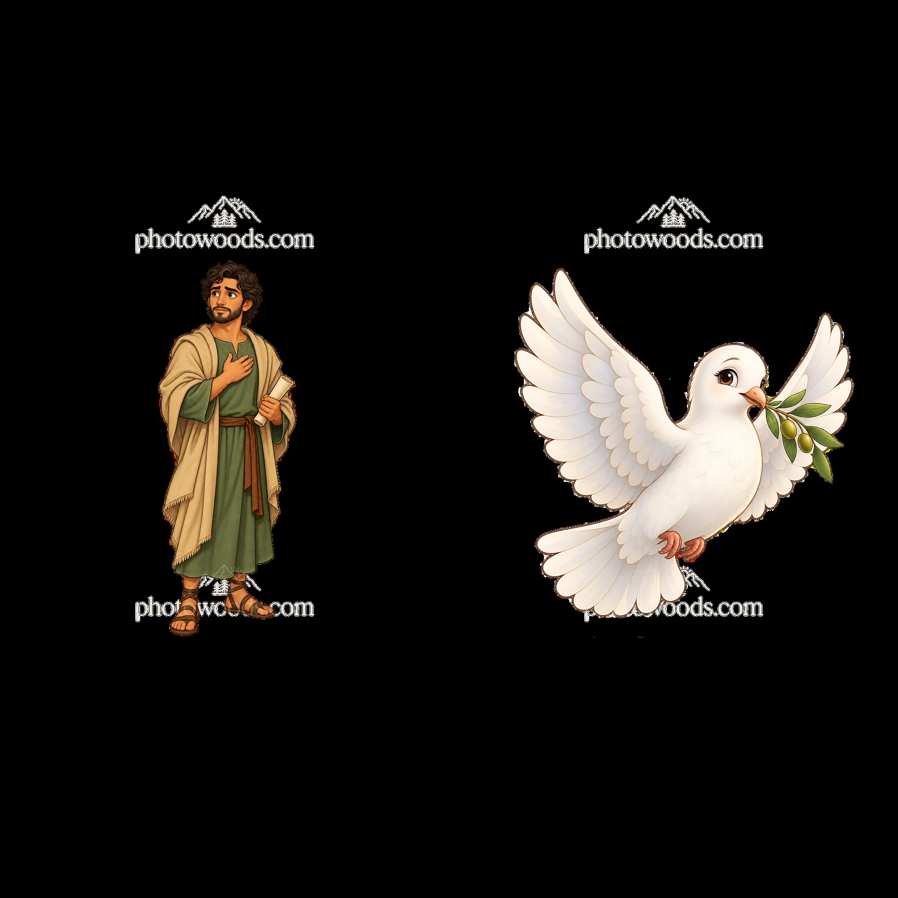 Jesus with olive branch dove cartoon sticker illustration - AI-generated stock image