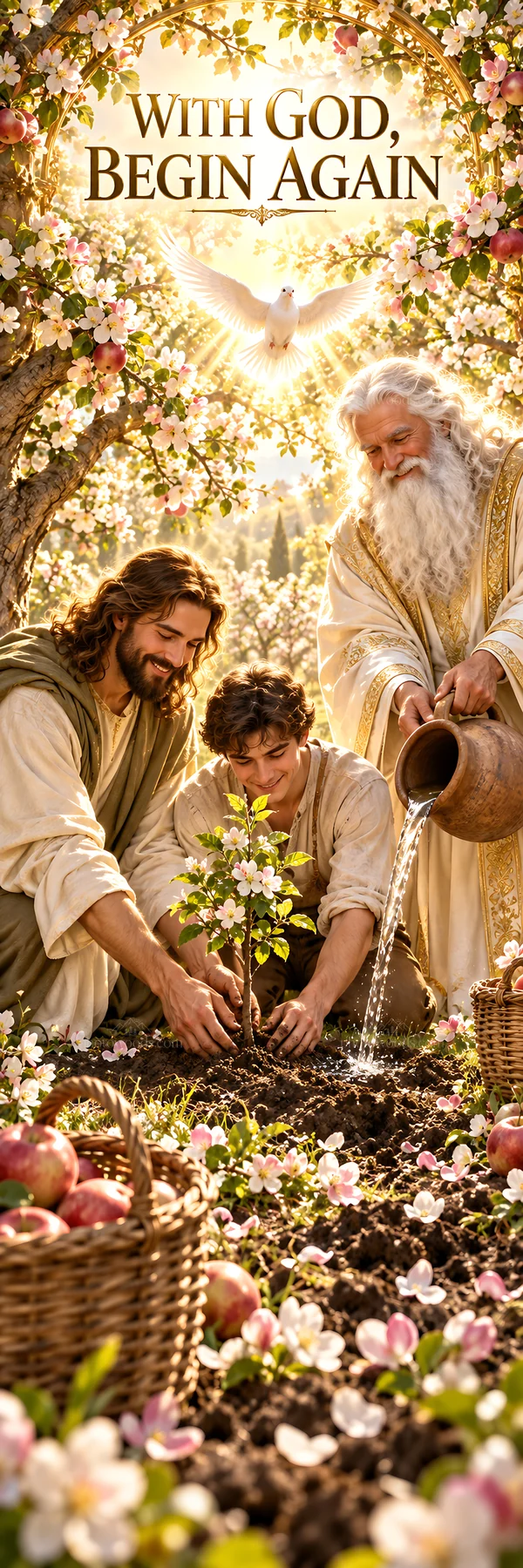 Jesus Christ planting a tree with a young man and God - AI-generated stock image