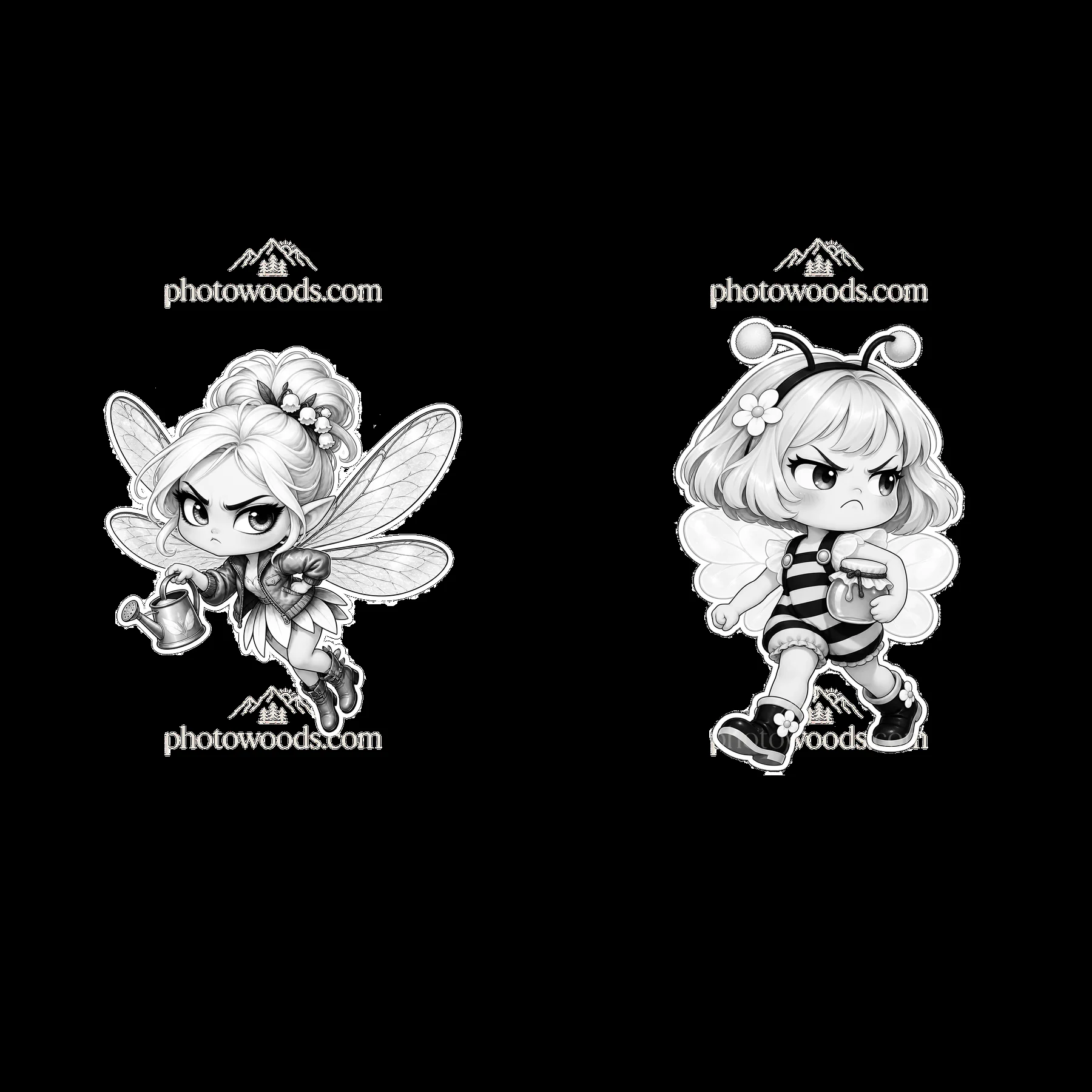 Kawaii grumpy fairy characters with accessories and expressions - AI-generated stock image