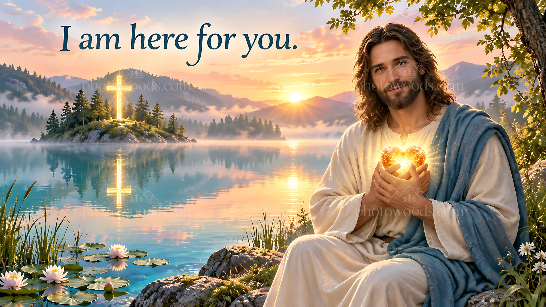Jesus holding a glowing heart by still water at sunrise - AI-generated stock image