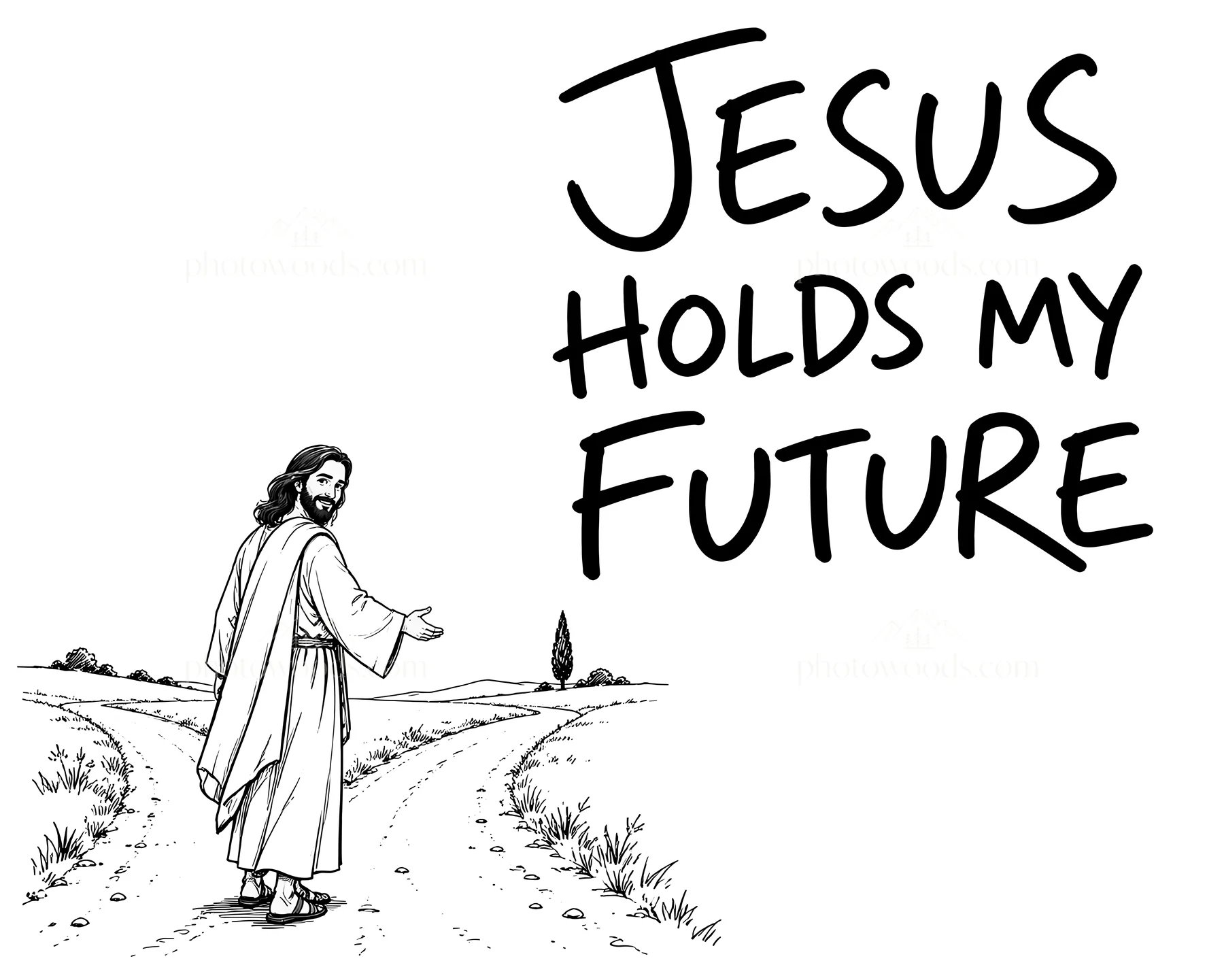 Jesus Christ walks along the road inviting followers - AI-generated stock image