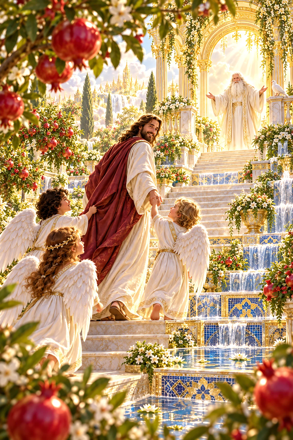 Jesus Christ walking with children in a beautiful garden - AI-generated stock image