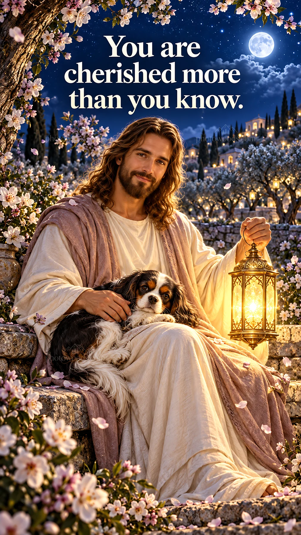 Jesus Christ comforting with a dog and a lantern - AI-generated stock image