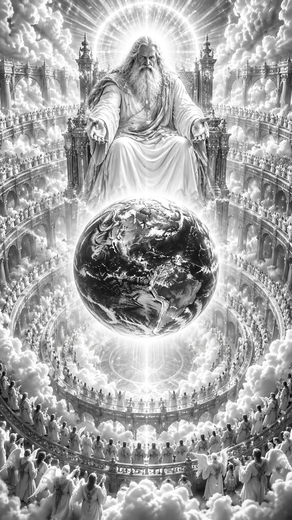 Jesus Christ surrounded by heavenly light and worshippers - AI-generated stock image