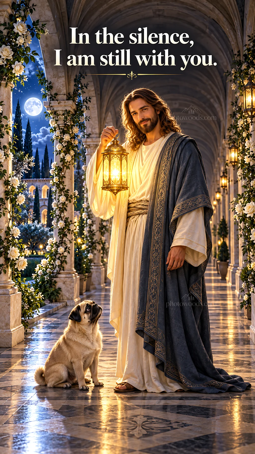Jesus Christ offering comfort with a lantern and a dog - AI-generated stock image