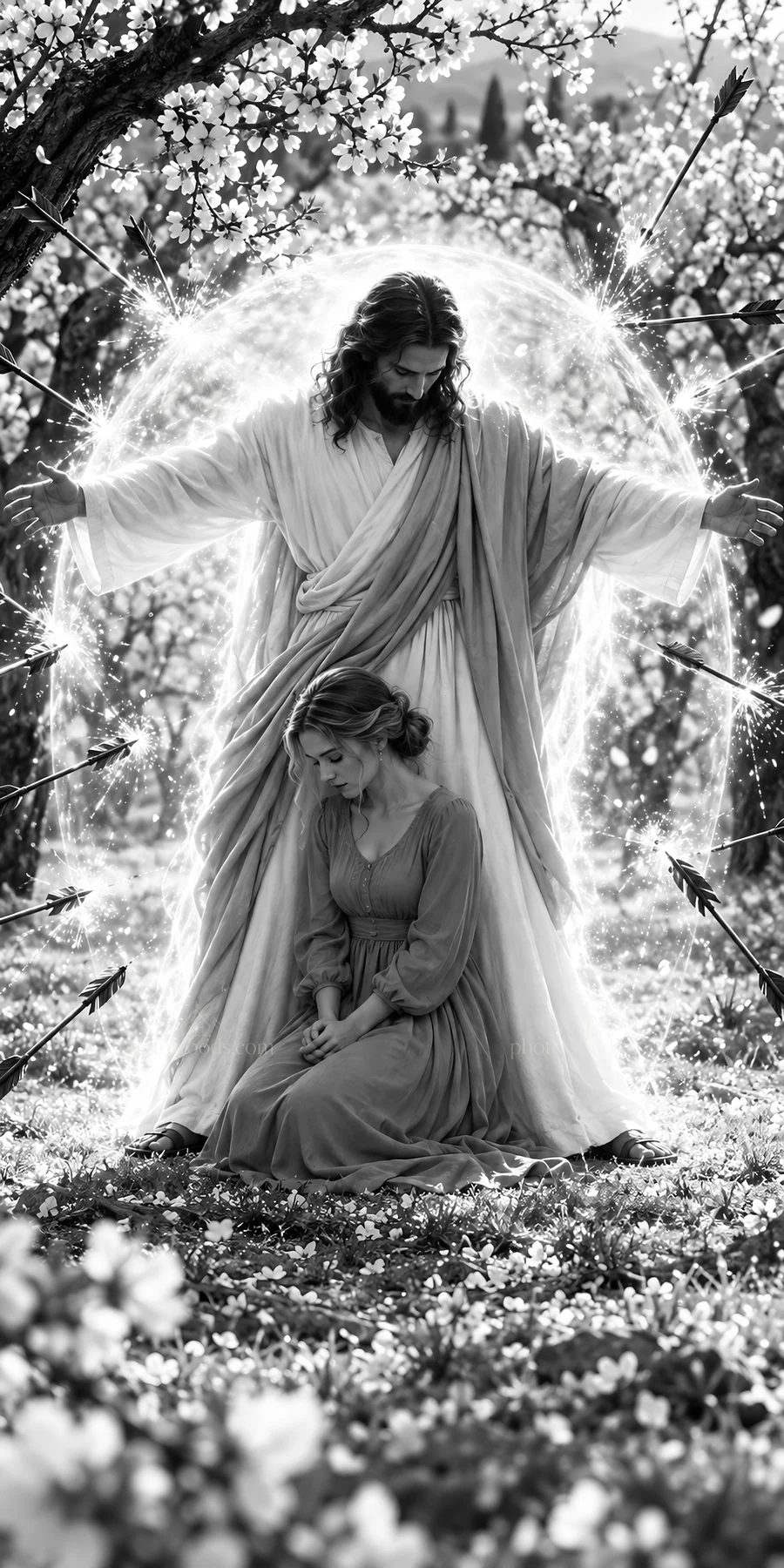 Jesus Christ comforting a woman in a blossoming garden - AI-generated stock image