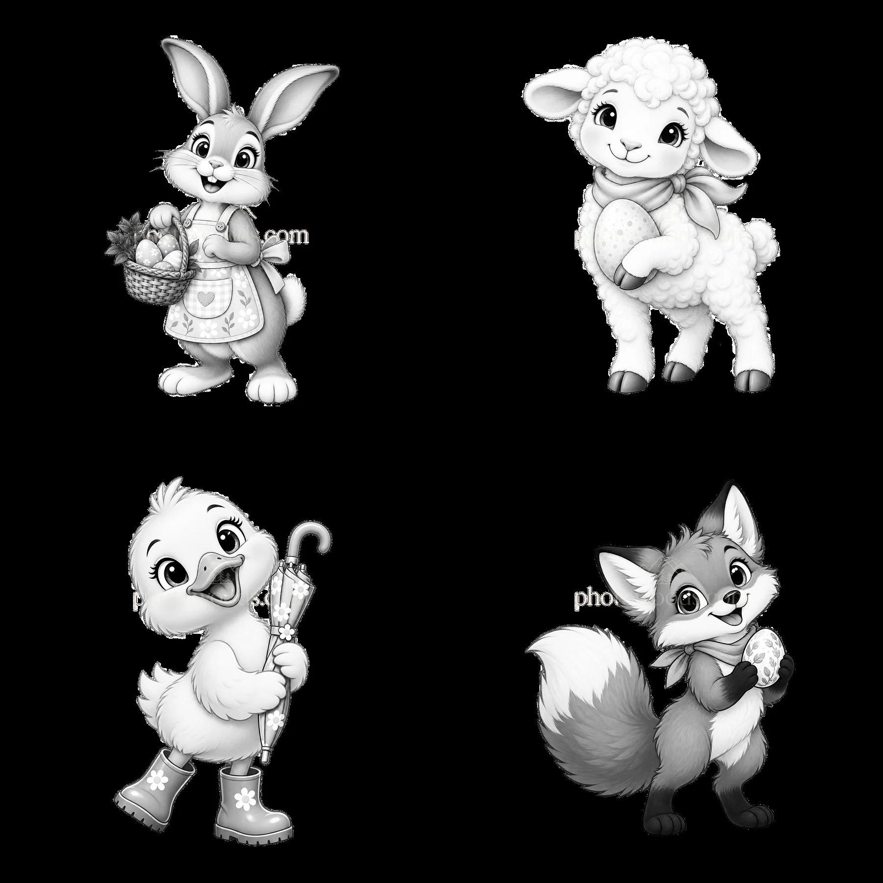 Easter meadow cartoon characters with bunny, lamb, duck, and fox - AI-generated stock image