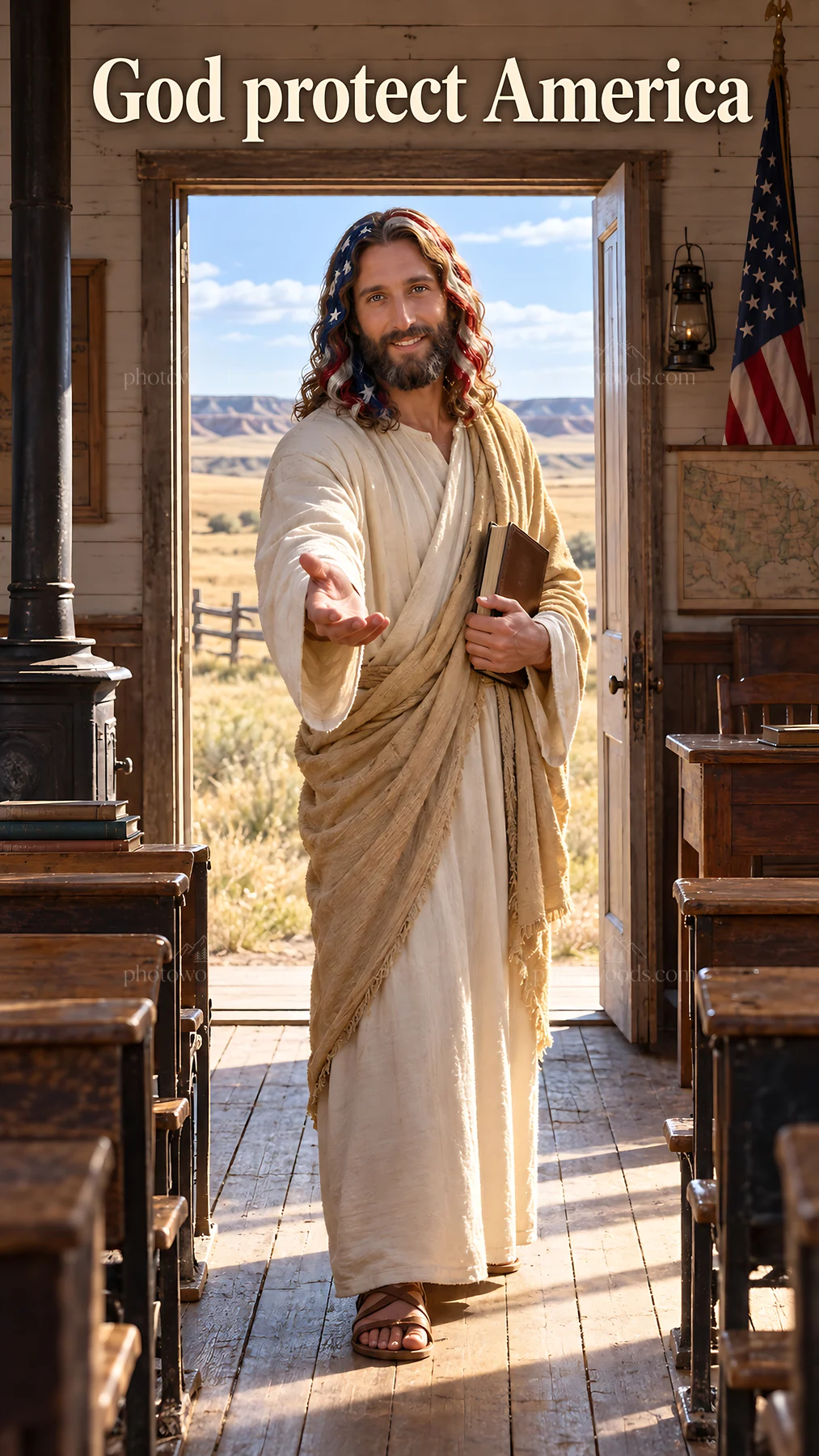 Jesus Christ welcoming in a classroom setting - AI-generated stock image