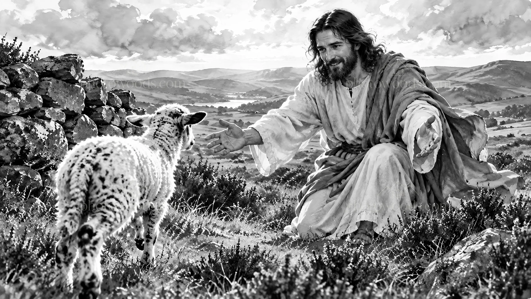 Jesus Christ reaching out to a sheep in a pastoral setting - AI-generated stock image
