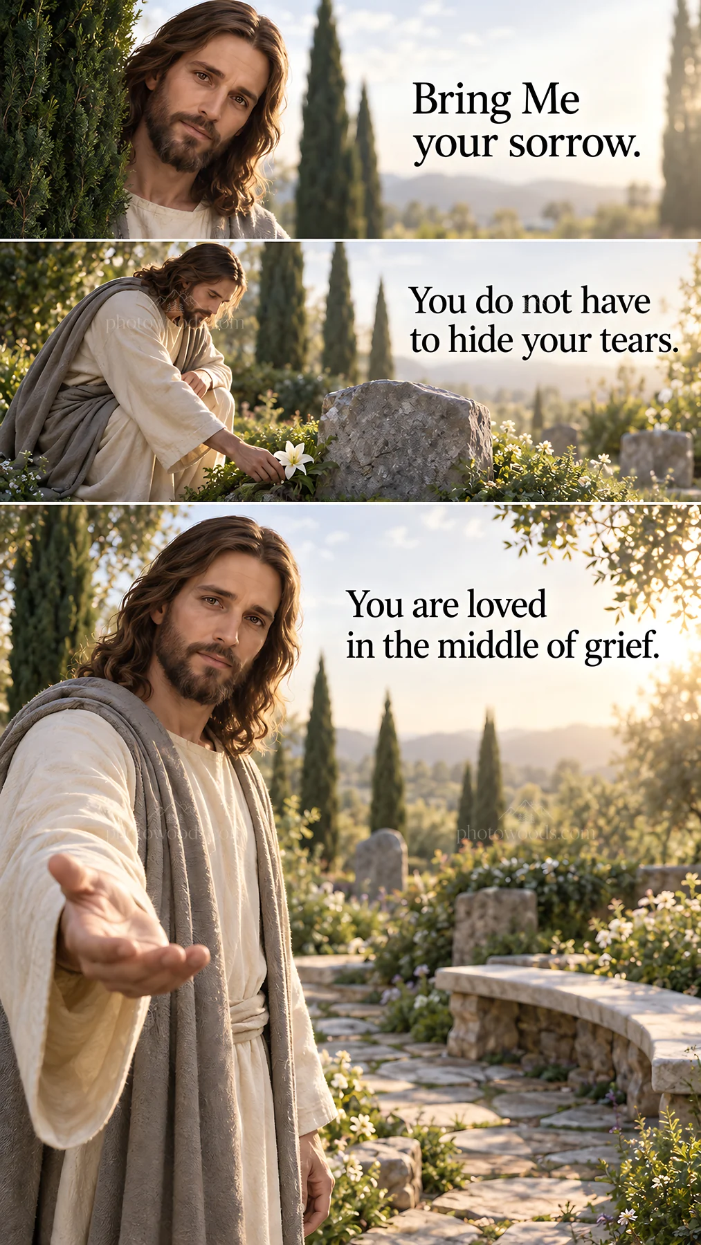 Jesus Christ comforting a person in sorrow - AI-generated stock image