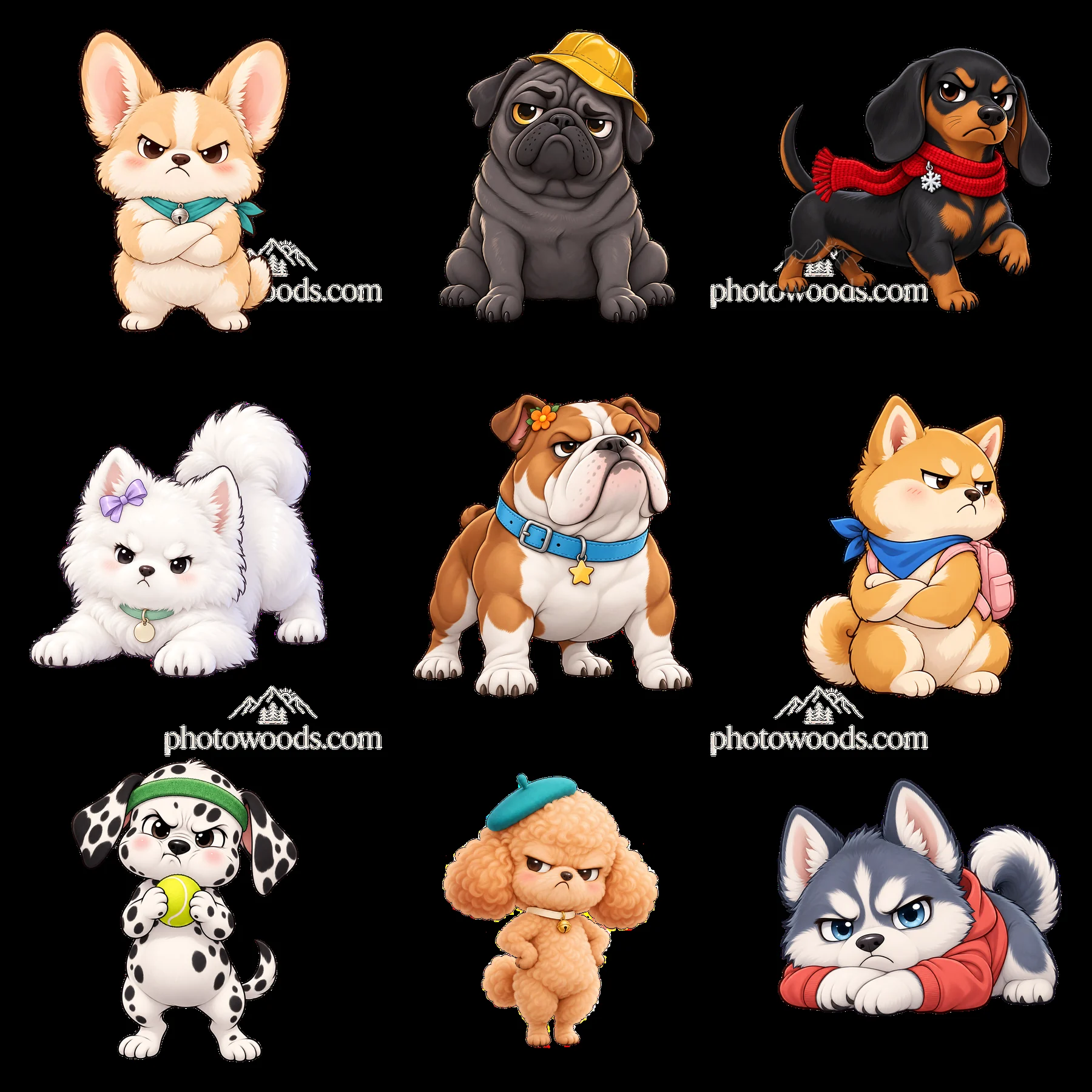 Kawaii grumpy dog stickers in a 3x3 grid layout - AI-generated stock image