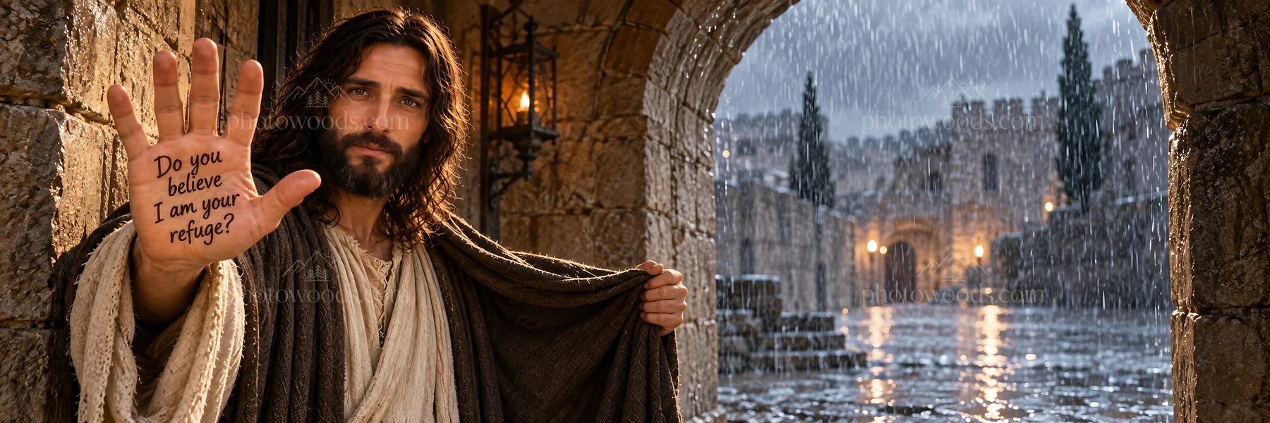 Jesus Christ offering comfort in a rain-soaked city scene - AI-generated stock image