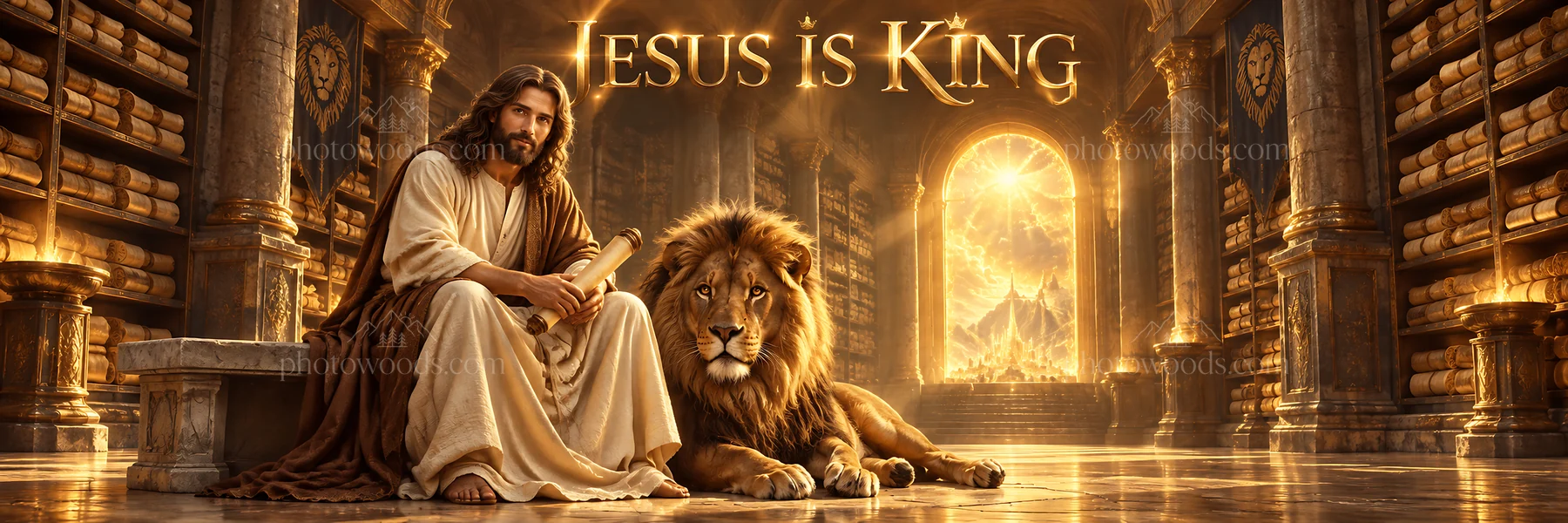 Jesus Christ seated with a lion in a grand library - AI-generated stock image