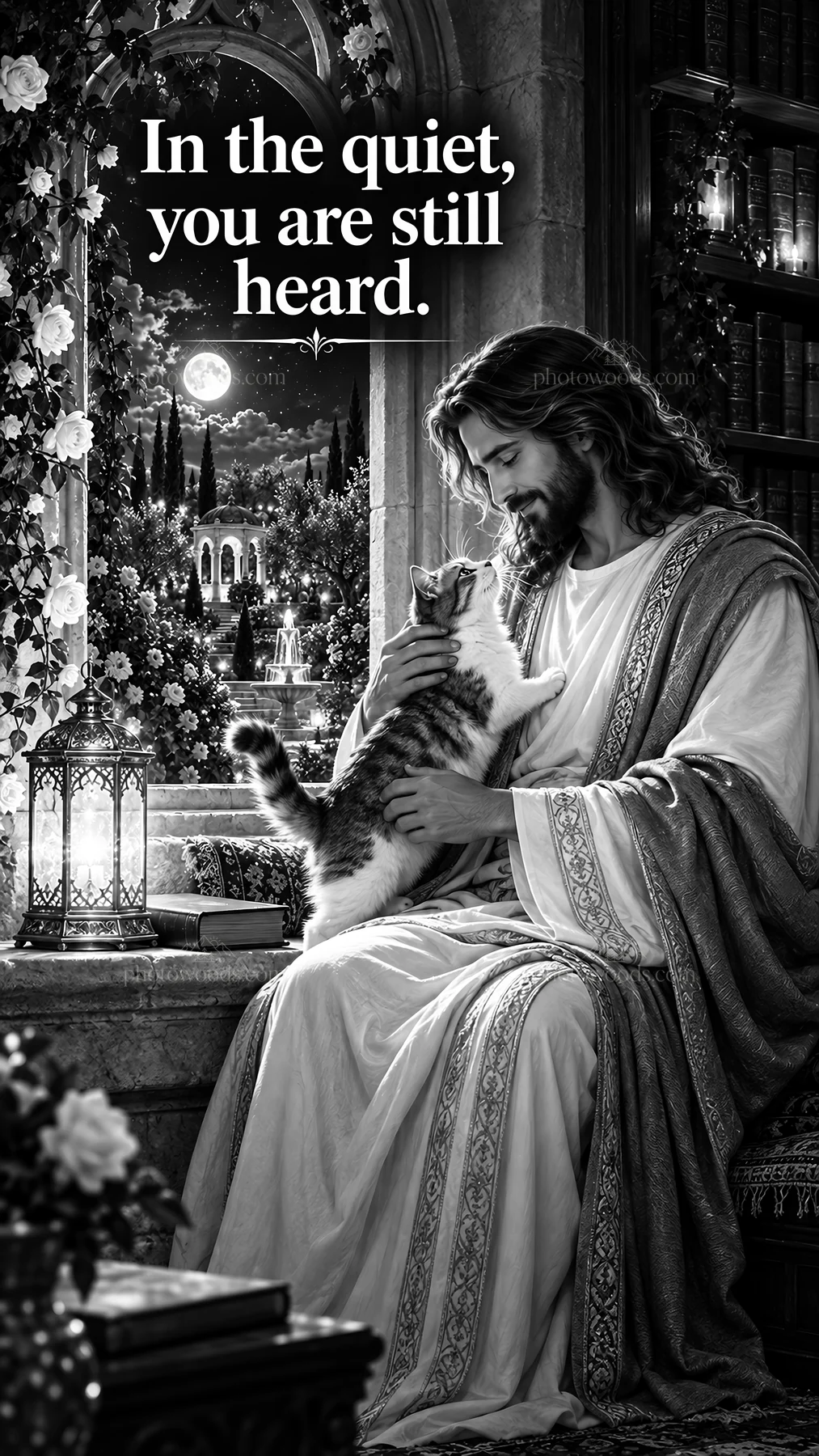 Jesus Christ comforting a cat in a quiet setting - AI-generated stock image