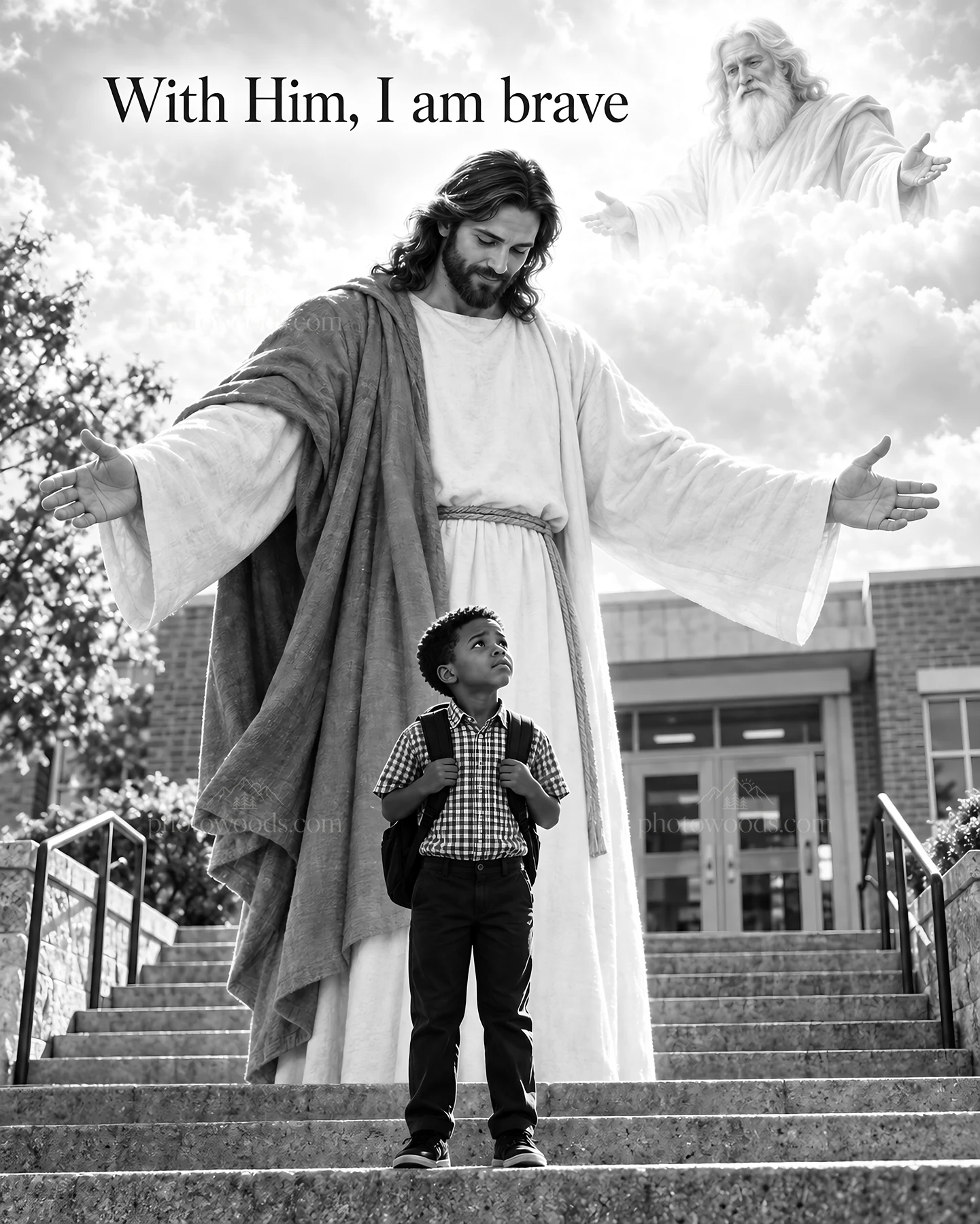 Jesus Christ welcoming a child with loving arms - AI-generated stock image