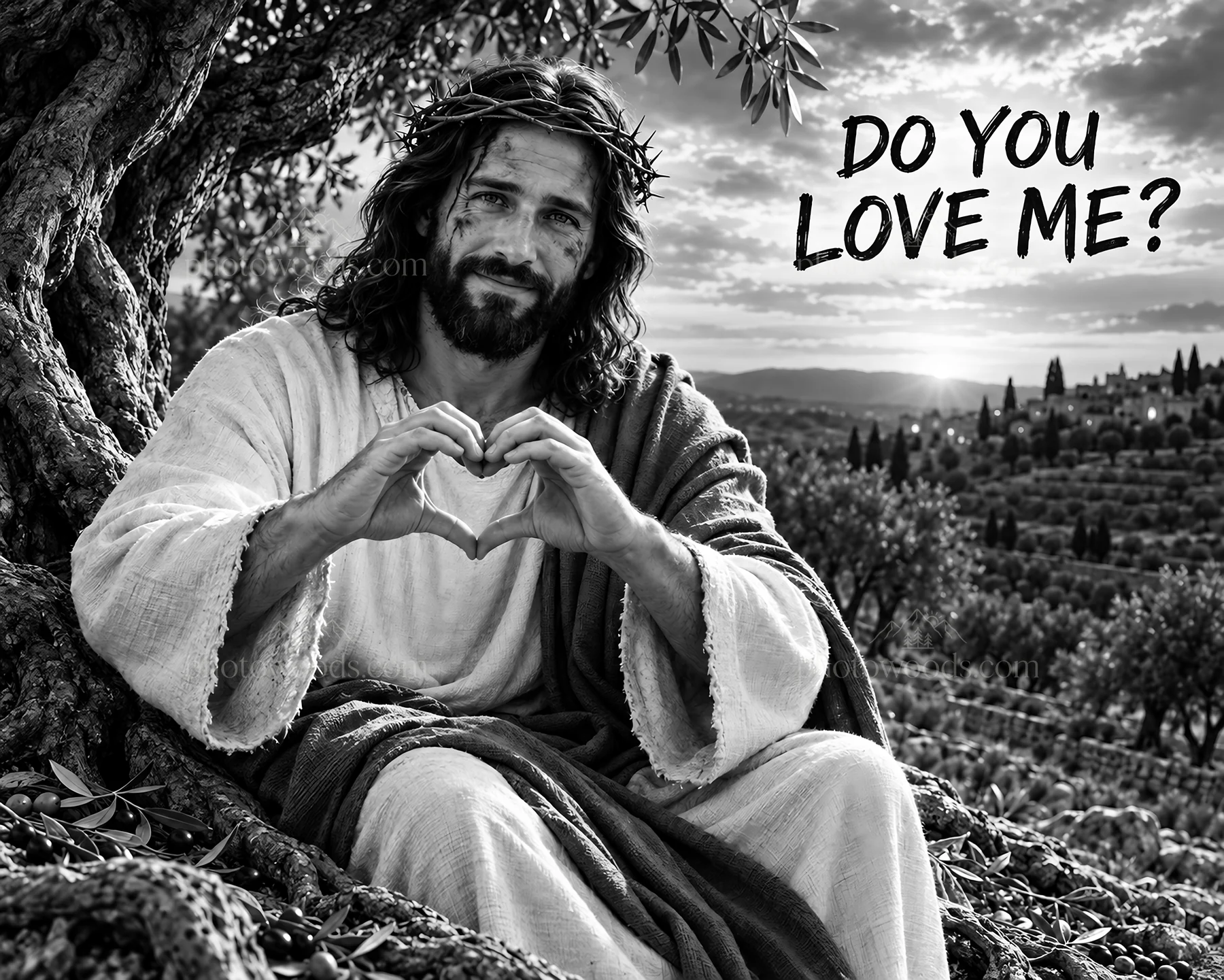 Jesus Christ creating a heart shape with his hands - AI-generated stock image
