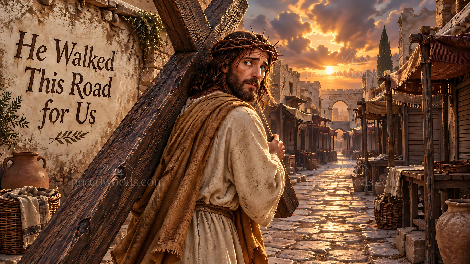 He walked this road for us with a cross on his back - AI-generated stock image