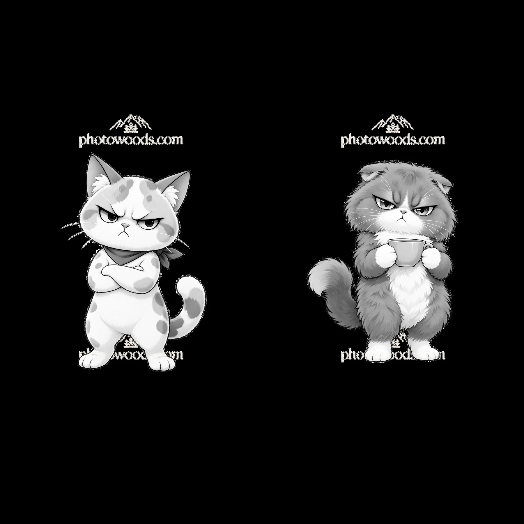 Kawaii grumpy cats with crossed arms and annoyed expressions - AI-generated stock image