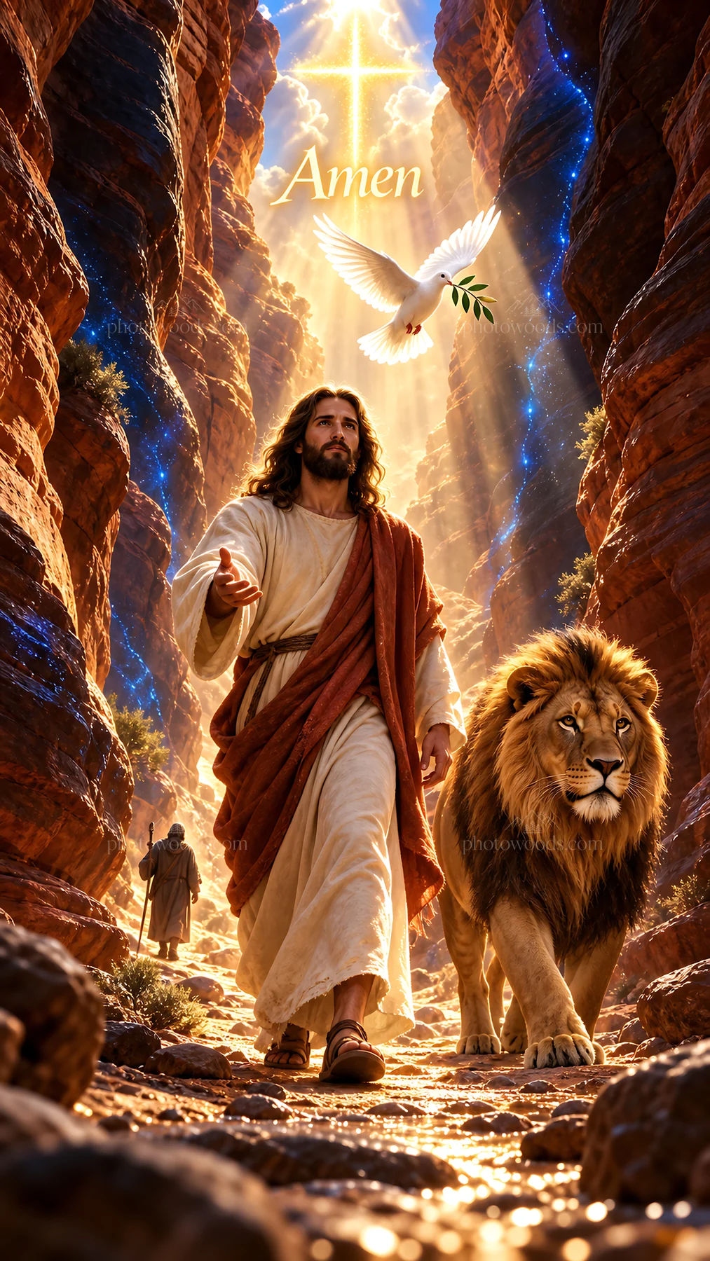Jesus Christ walking with a lion in a canyon - AI-generated stock image