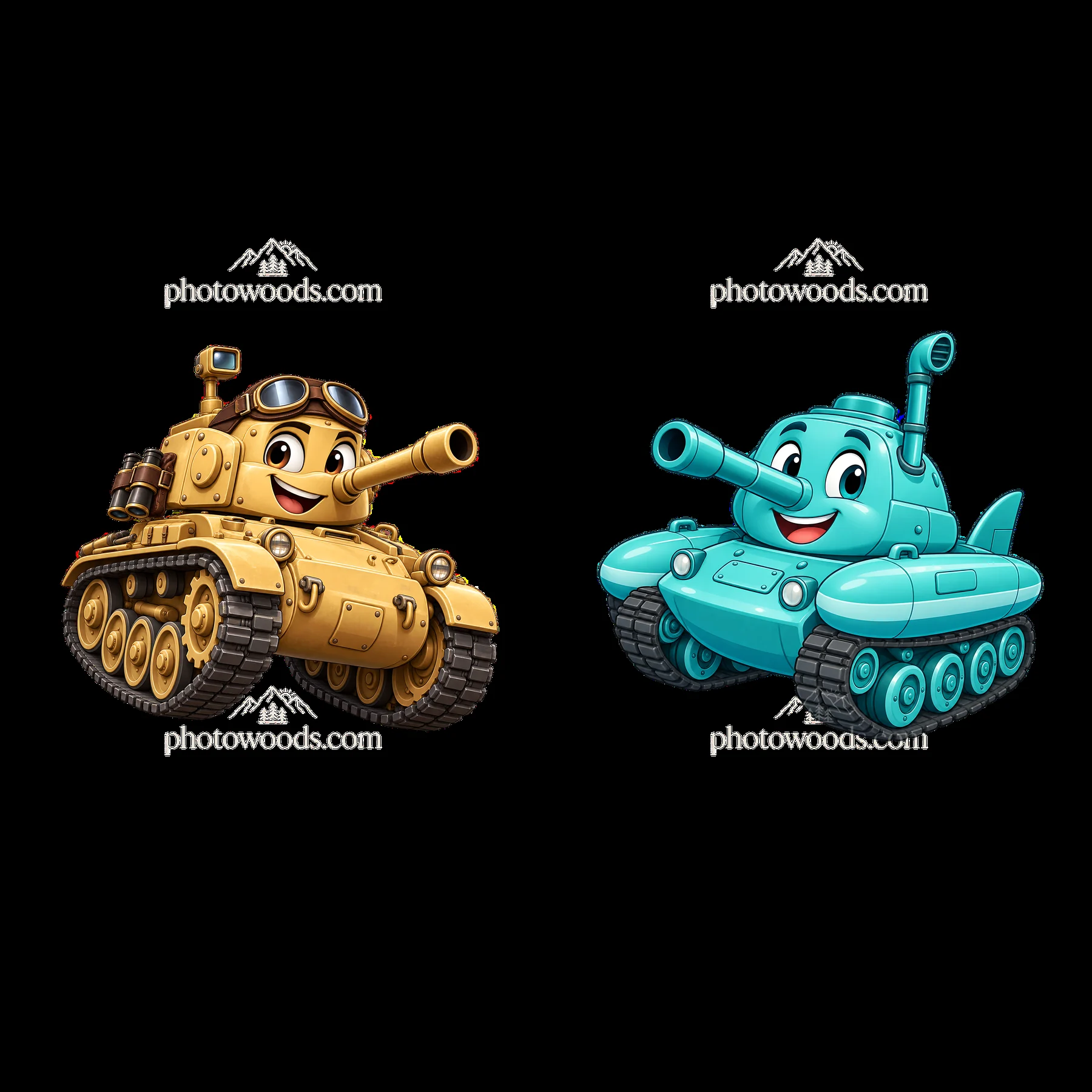 Cartoon tanks with smiling faces in a cheerful design - AI-generated stock image