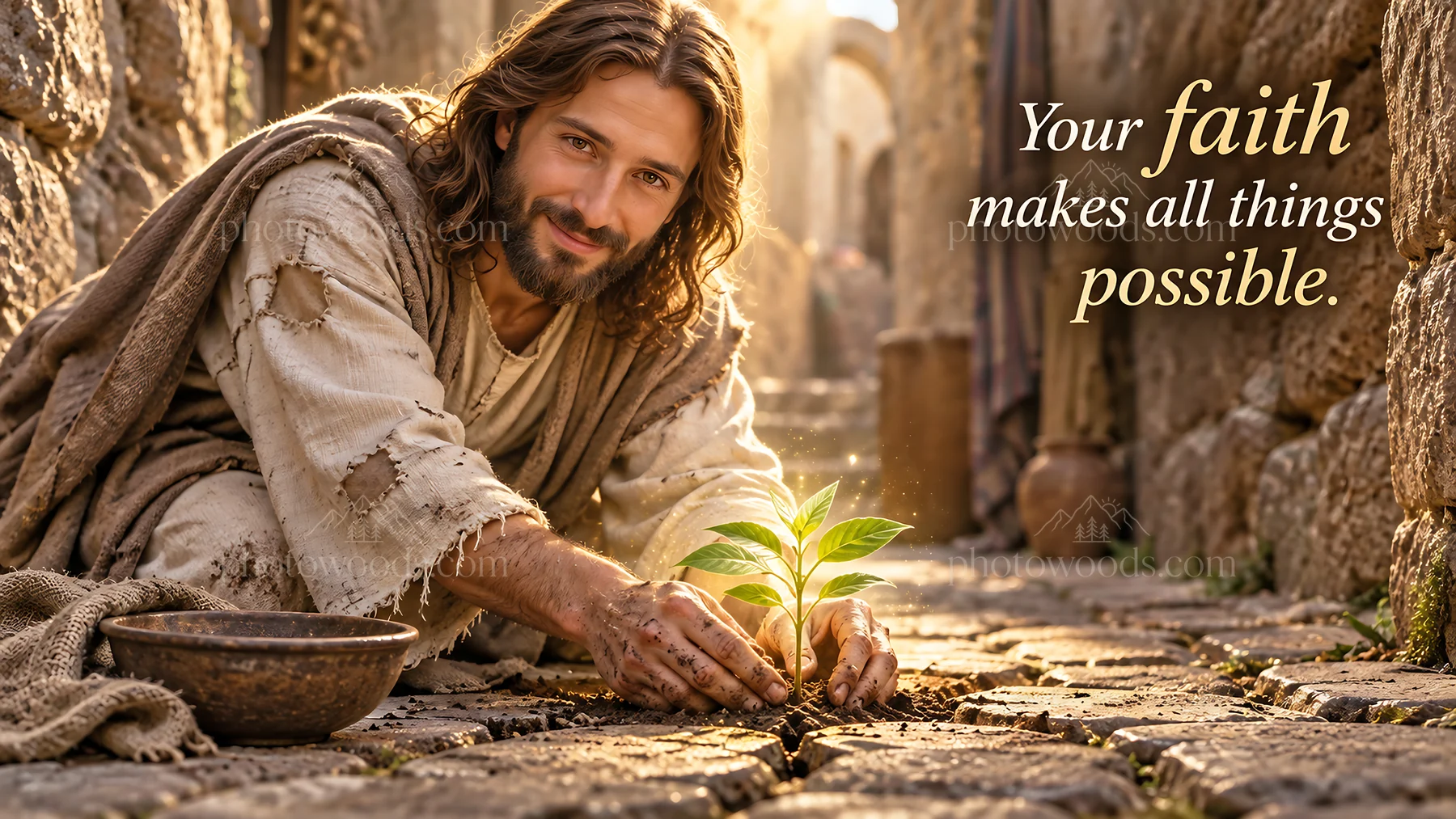 Jesus Christ planting a seed in a sunlit street - AI-generated stock image