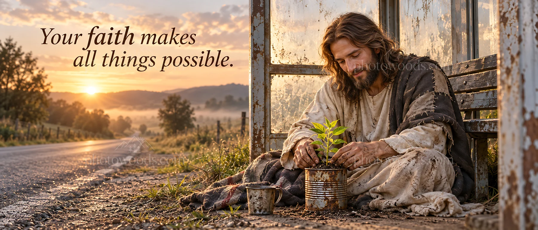 Jesus Christ tending to a young plant in a natural setting - AI-generated stock image