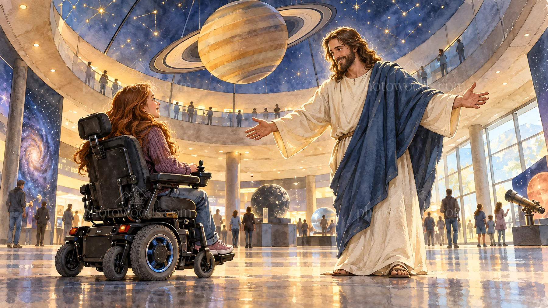 Jesus Christ welcomes a young girl in a wheelchair - AI-generated stock image