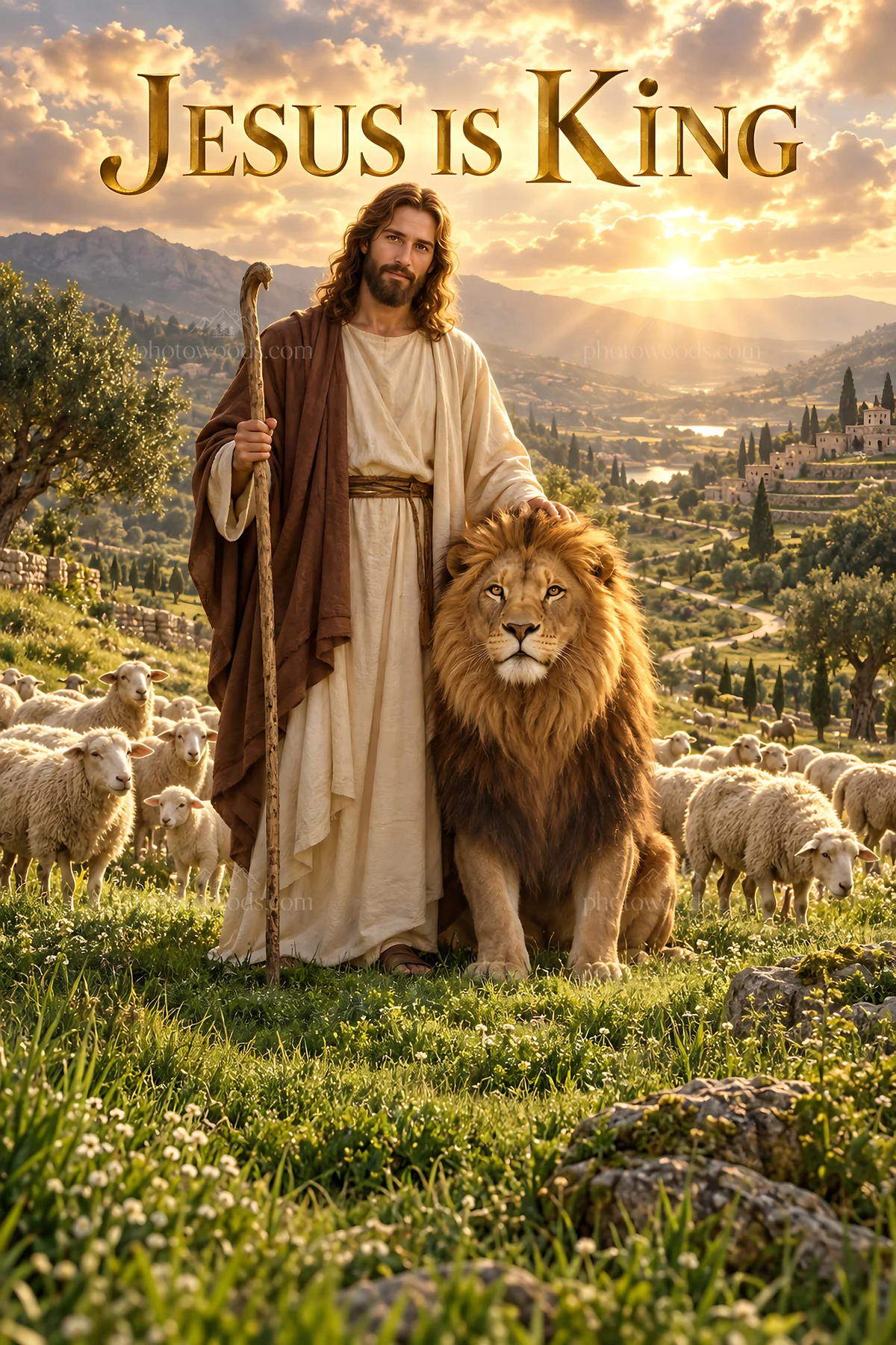 Jesus Christ with lion in a pastoral setting - AI-generated stock image