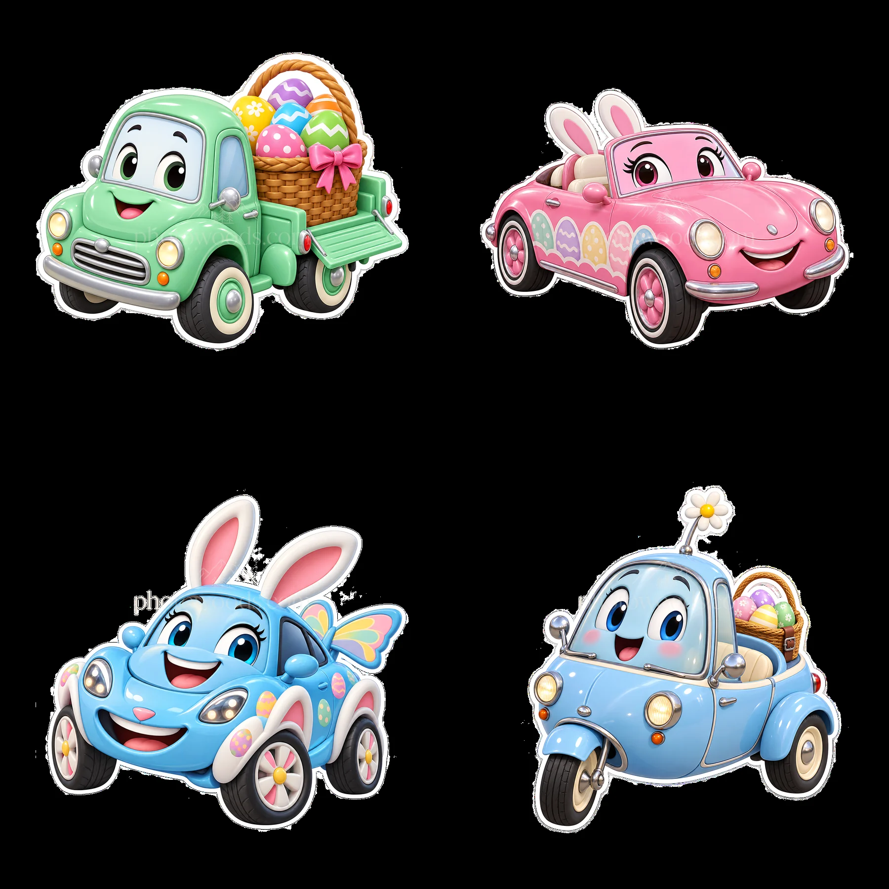 Easter parade with colorful cartoon cars and bunny characters - AI-generated stock image