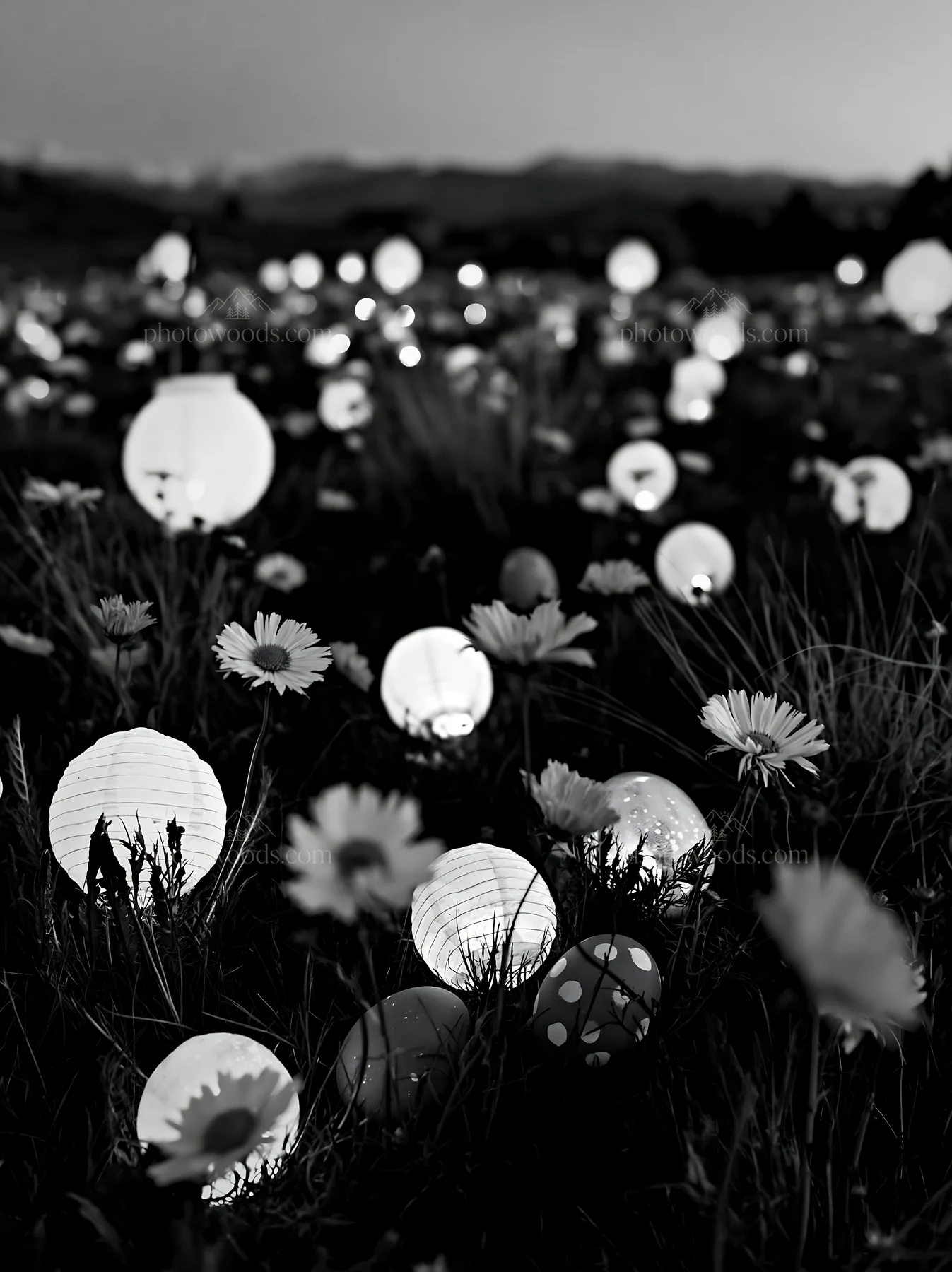 Vibrant Christmas lanterns in meadow at twilight - AI-generated stock image