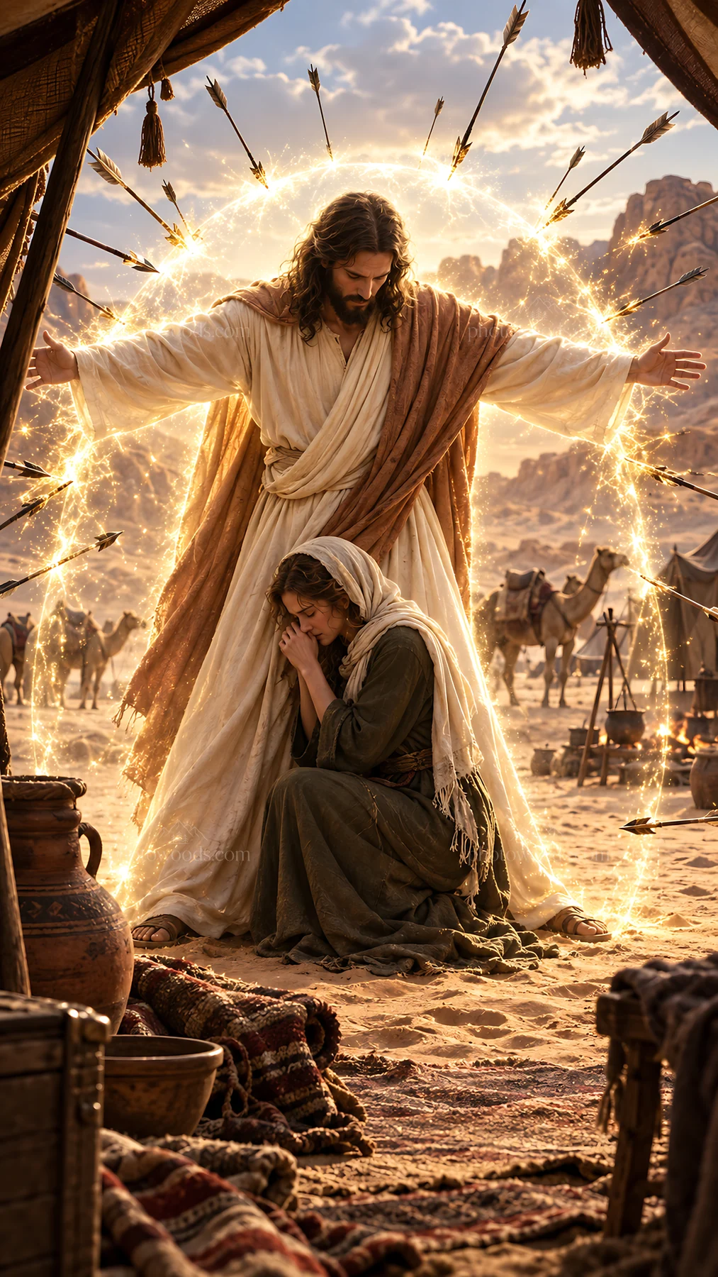 Jesus Christ comforting a woman in a desert setting - AI-generated stock image