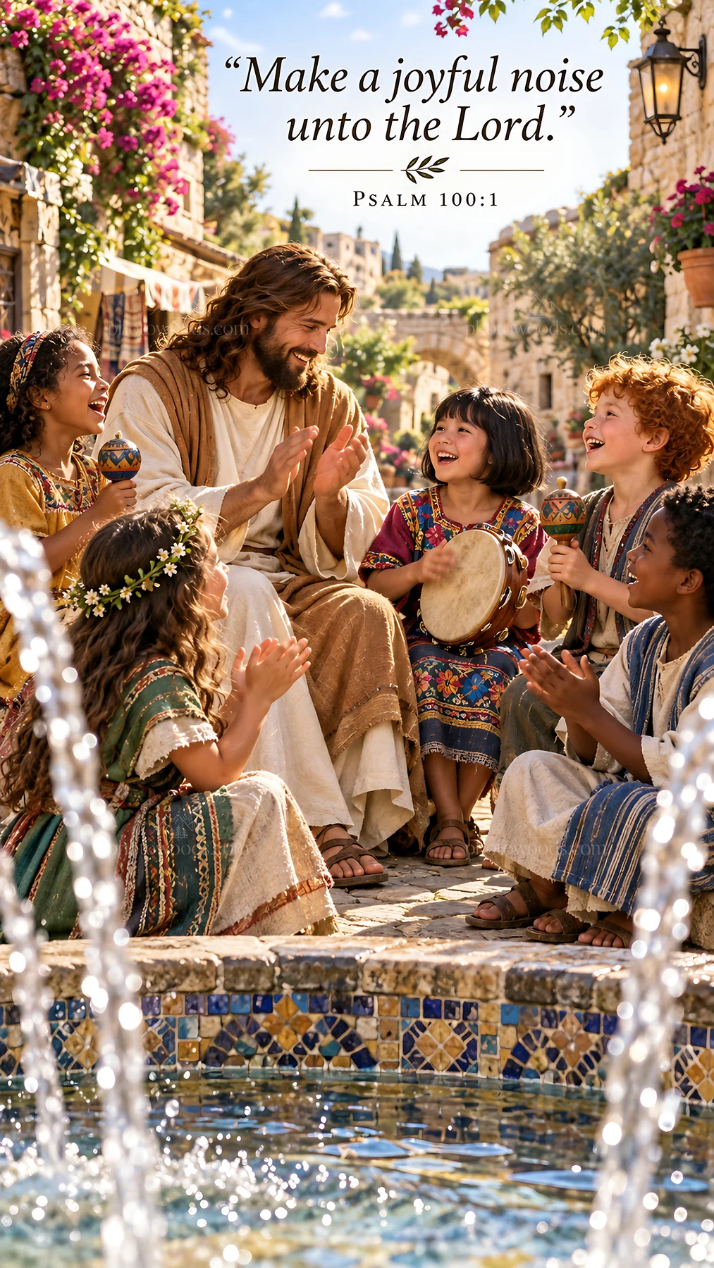 Jesus Christ teaching children to celebrate joyfully - AI-generated stock image