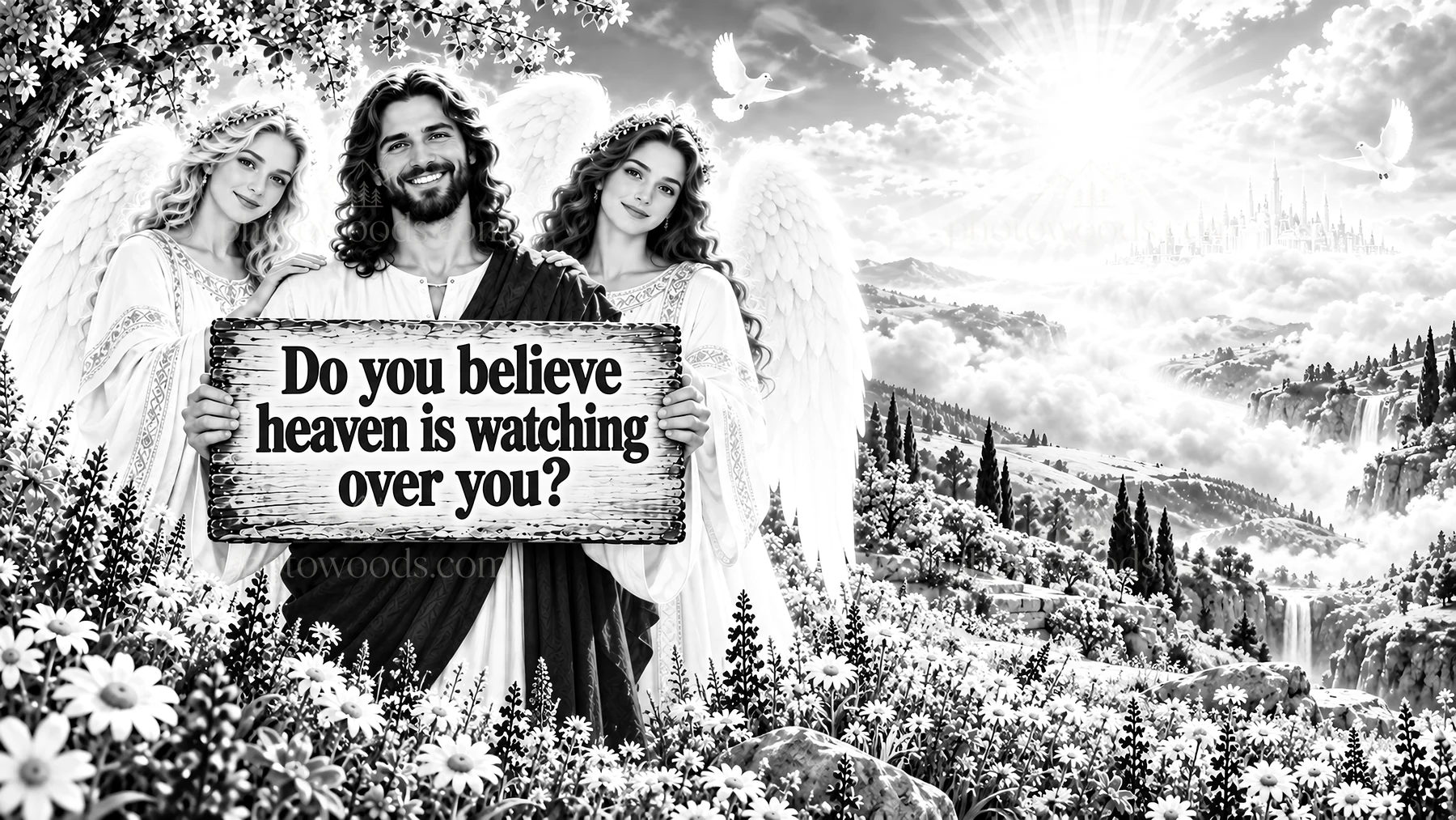 Jesus Christ holding a sign with a message about heaven - AI-generated stock image
