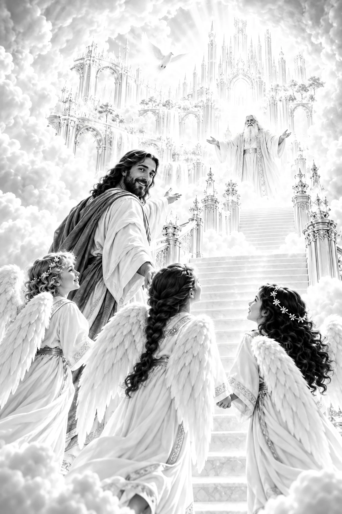 Jesus Christ leading angels to the heavenly gates - AI-generated stock image