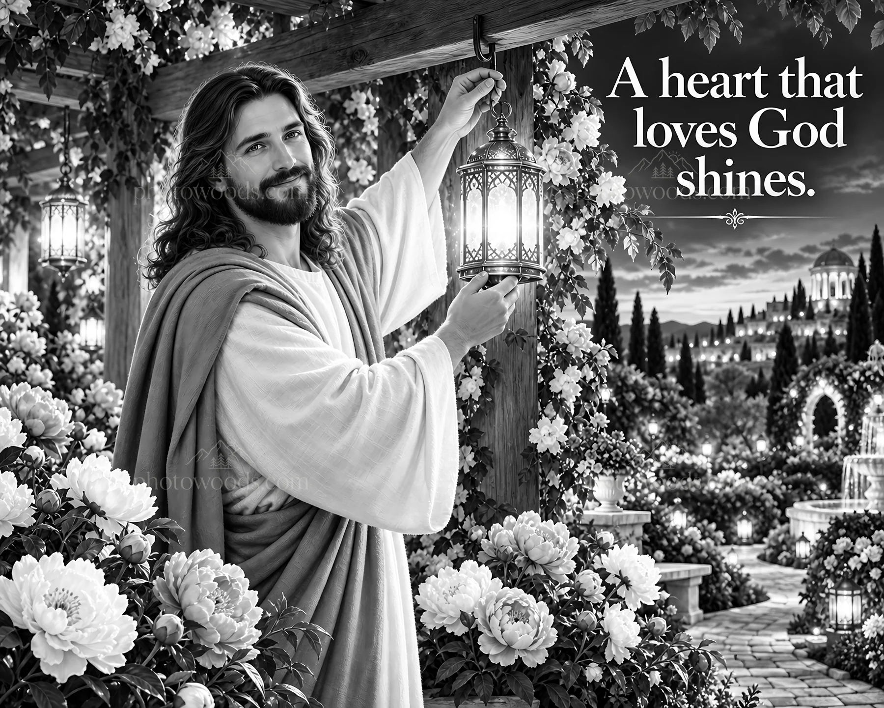 Jesus Christ holding a lantern in a garden setting - AI-generated stock image
