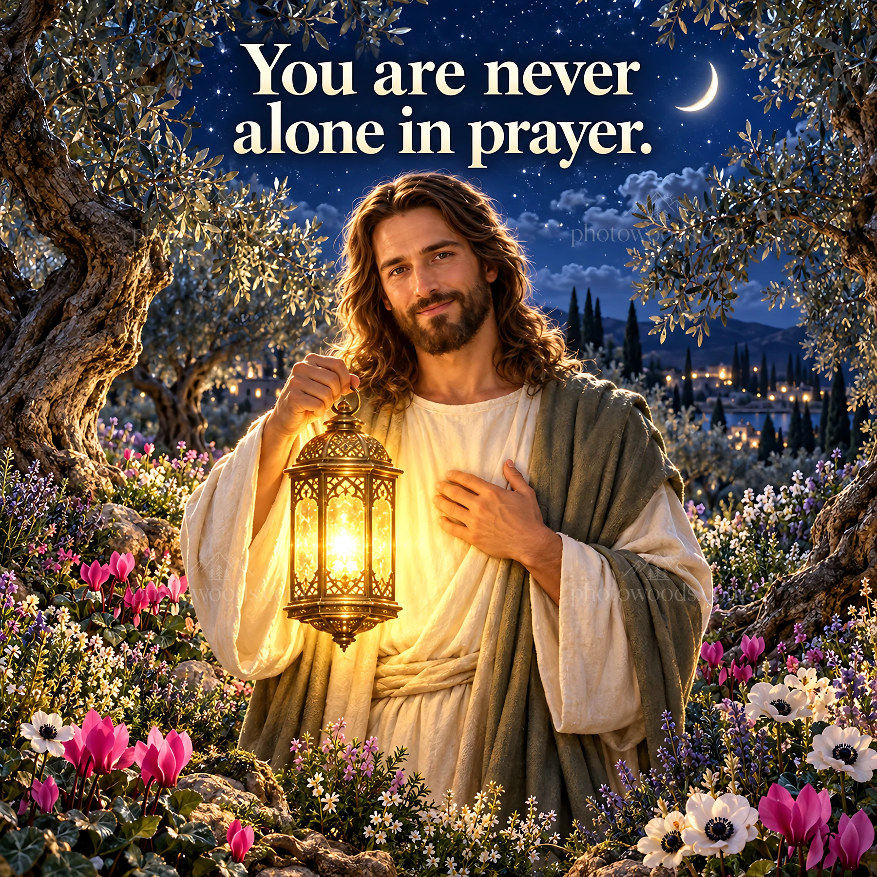 Jesus Christ holding a lantern in a garden setting - AI-generated stock image