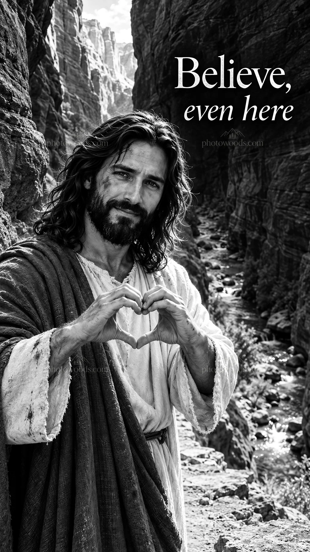 Jesus Christ making a heart symbol with hands in nature - AI-generated stock image