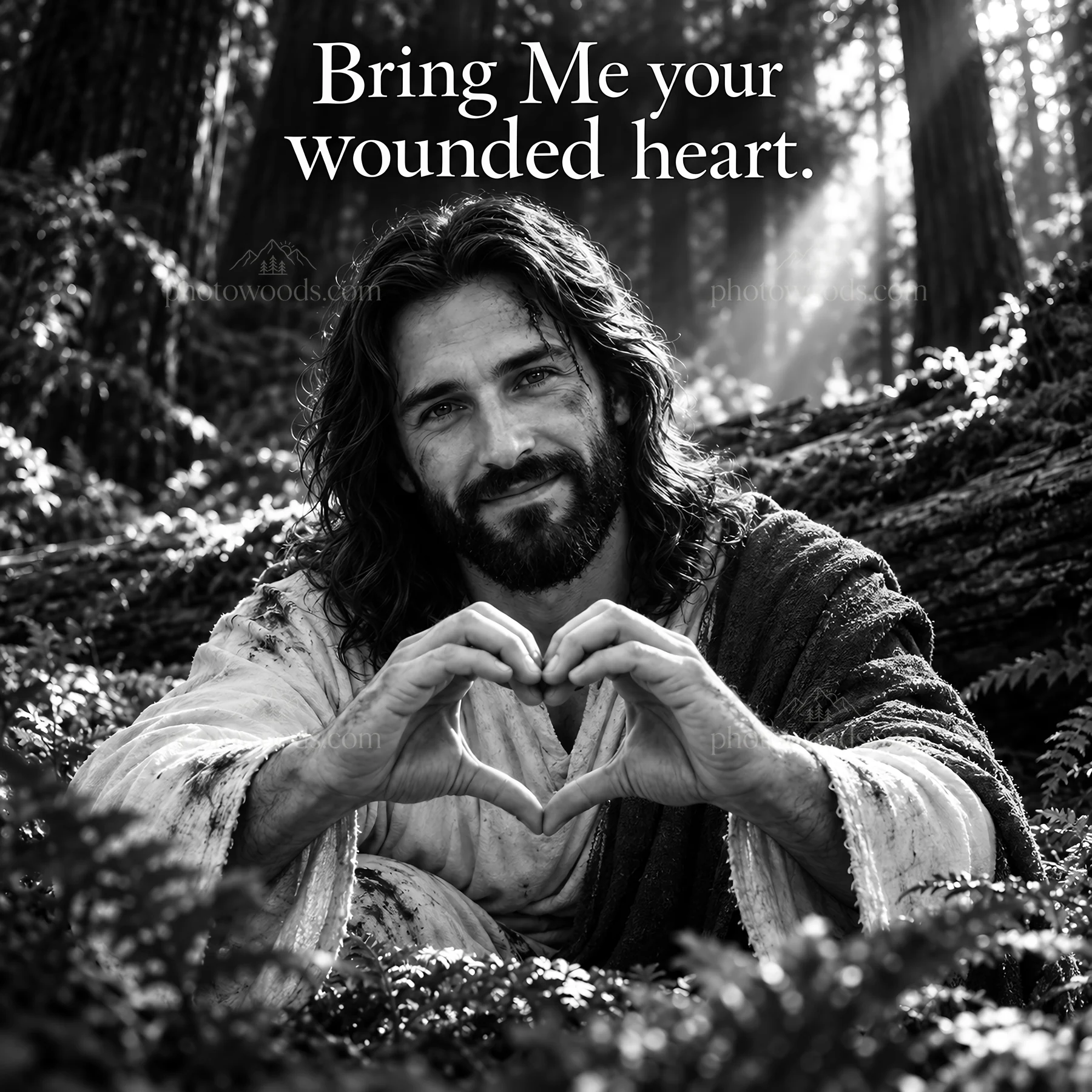 Jesus Christ inviting the wounded to share their hearts - AI-generated stock image