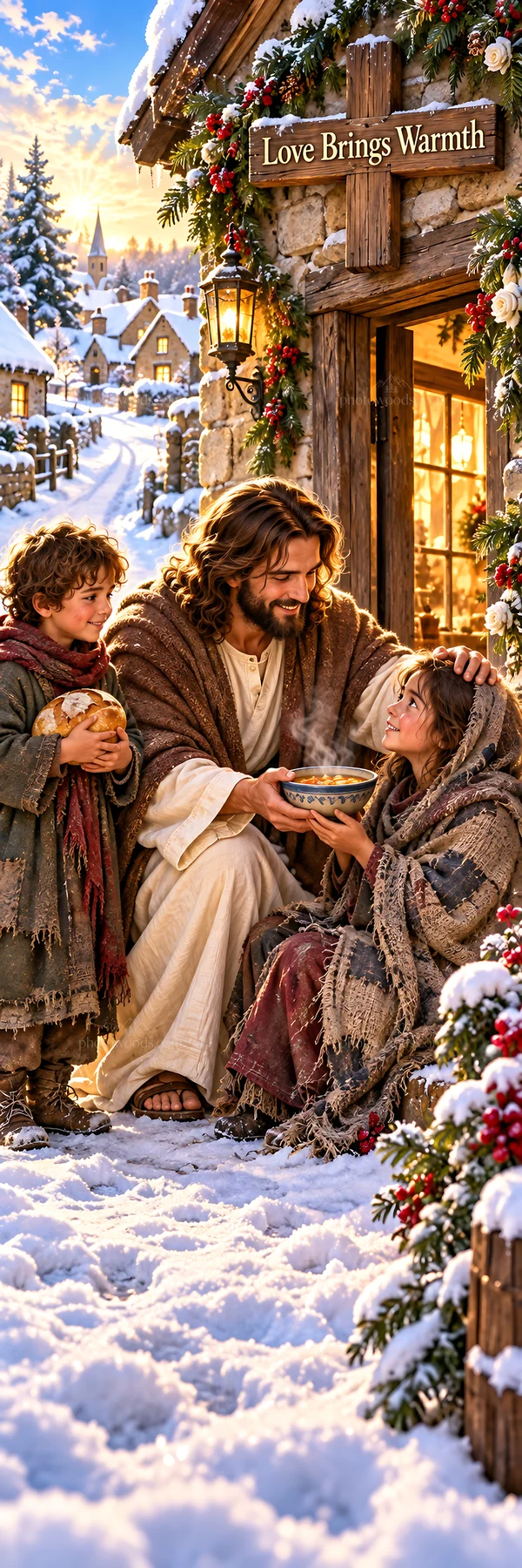 Jesus Christ comforting a suffering person in a snowy village - AI-generated stock image