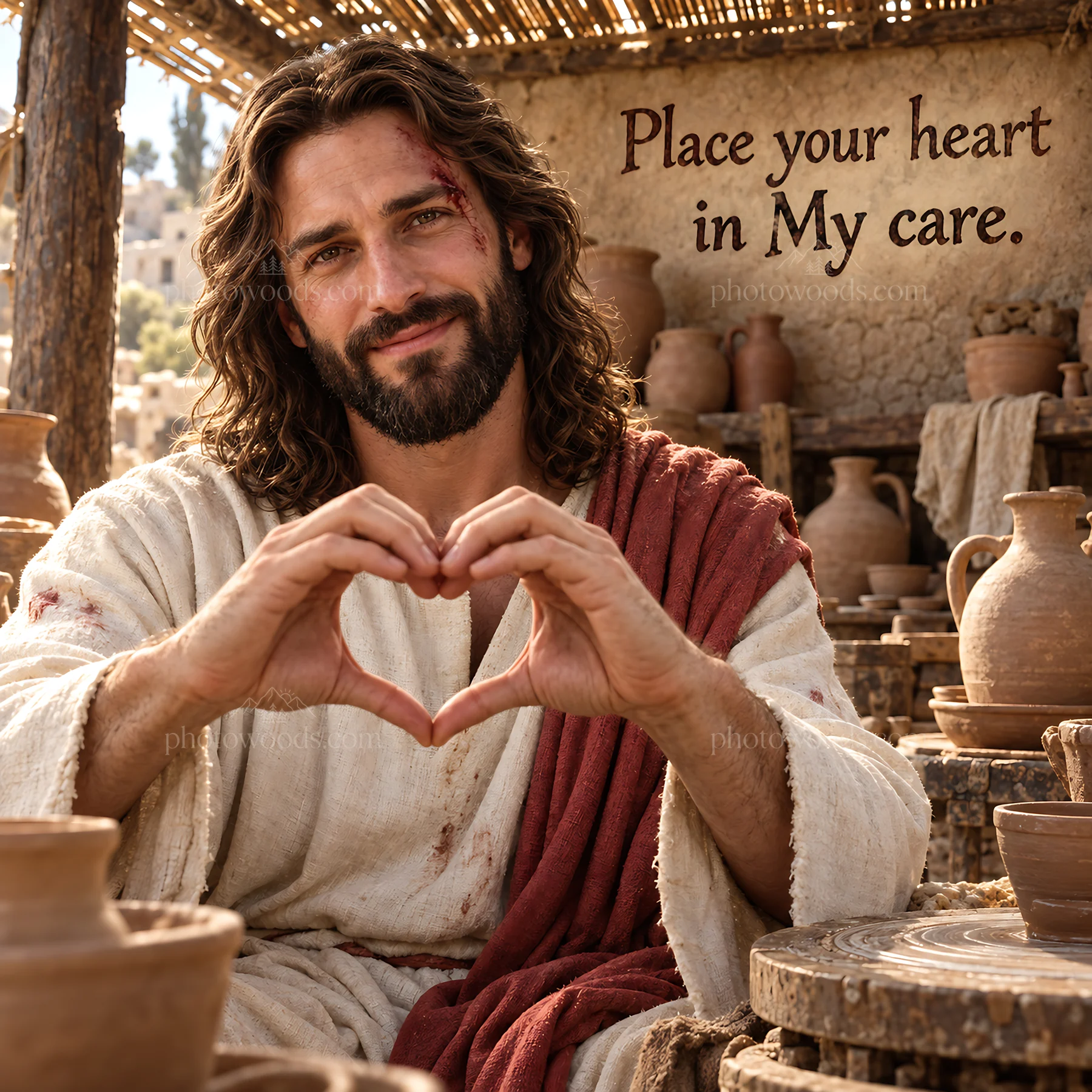 Jesus Christ inviting viewers to place their heart in His care - AI-generated stock image