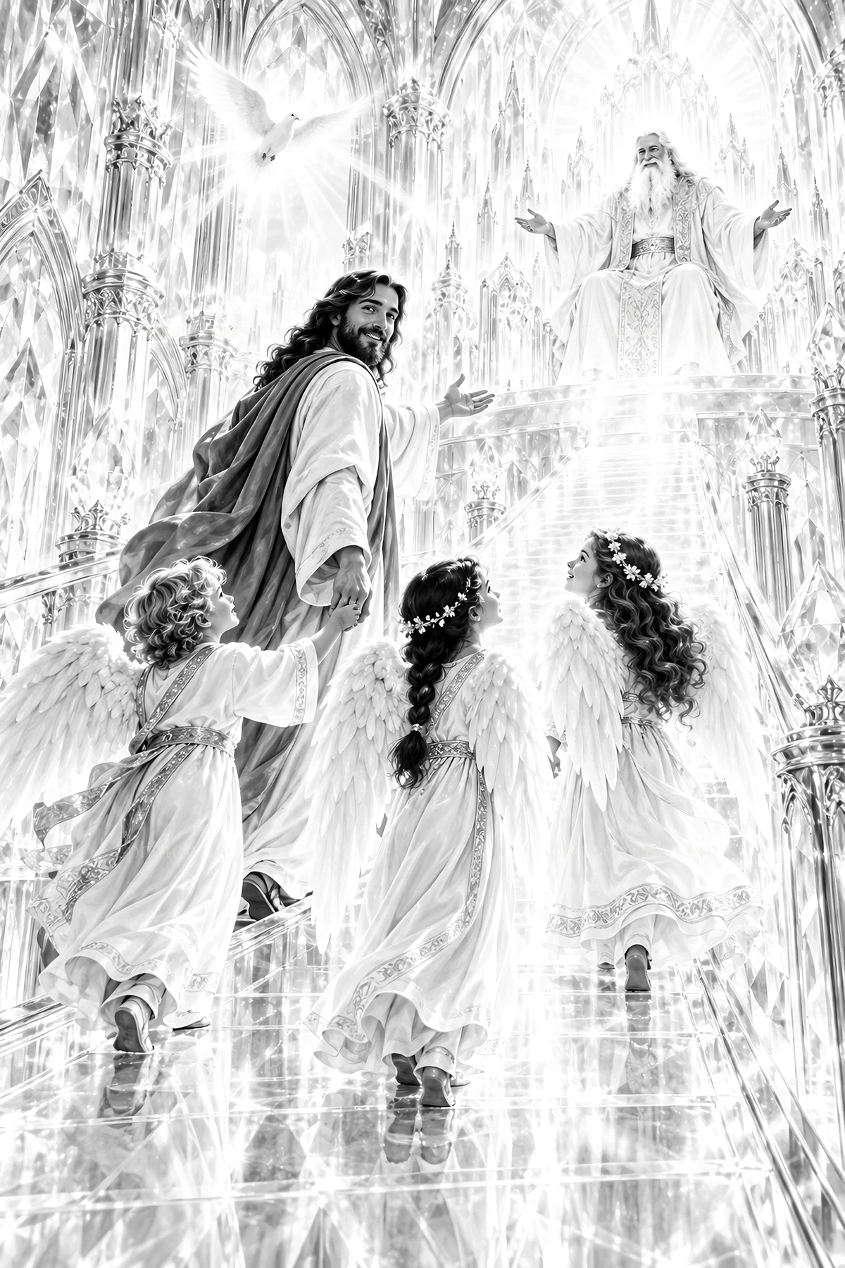 Jesus Christ welcoming children in a heavenly setting - AI-generated stock image
